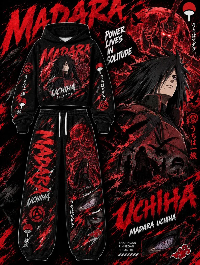 Madara Uchiha Anime Manga Character Black and Red Hoodie and Pants Set