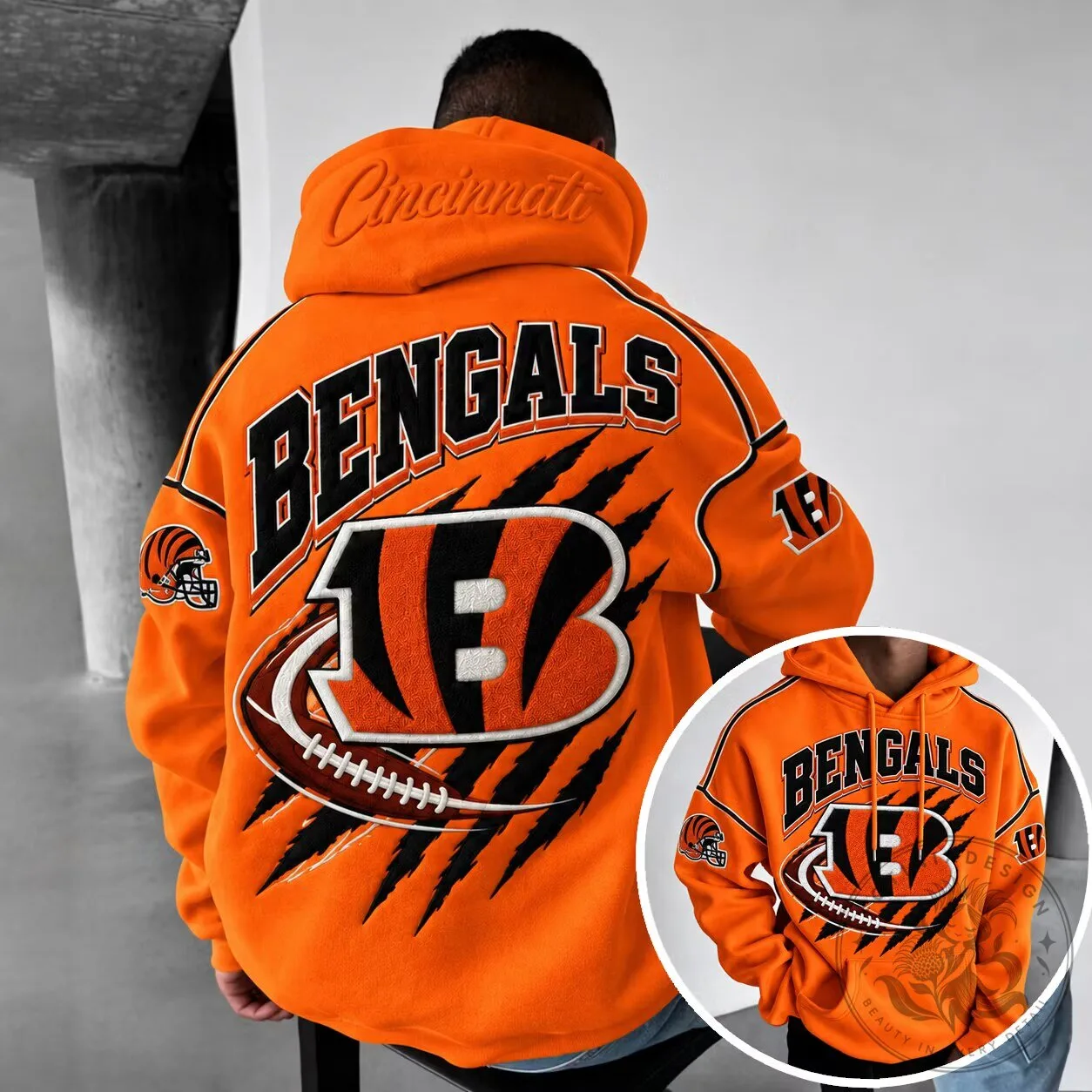 Cincinnati Bengals Football Team Logo Orange Embroidered Hoodie Sweatshirt
