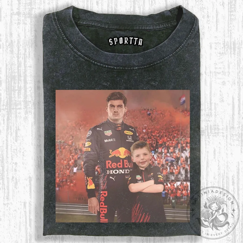 Black Washed T-Shirt featuring Max Verstappen, Formula 1 Racing Champion