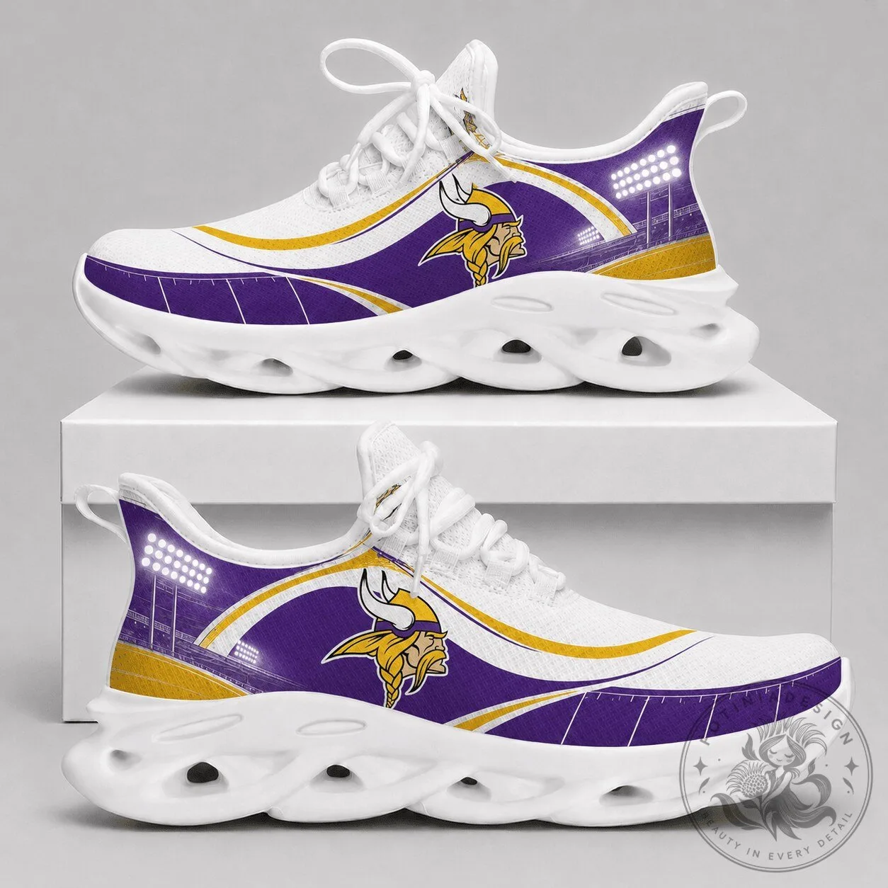 Minnesota Vikings NFL Team Logo White Purple Gold Chunky Athletic Sneakers