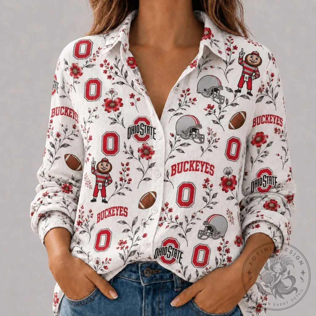 Ohio State Football Buckeyes Floral Print Button-Up Long-Sleeve Shirt Ohio State Football Buckeyes Floral Print Button-Up Long-Sleeve Shirt