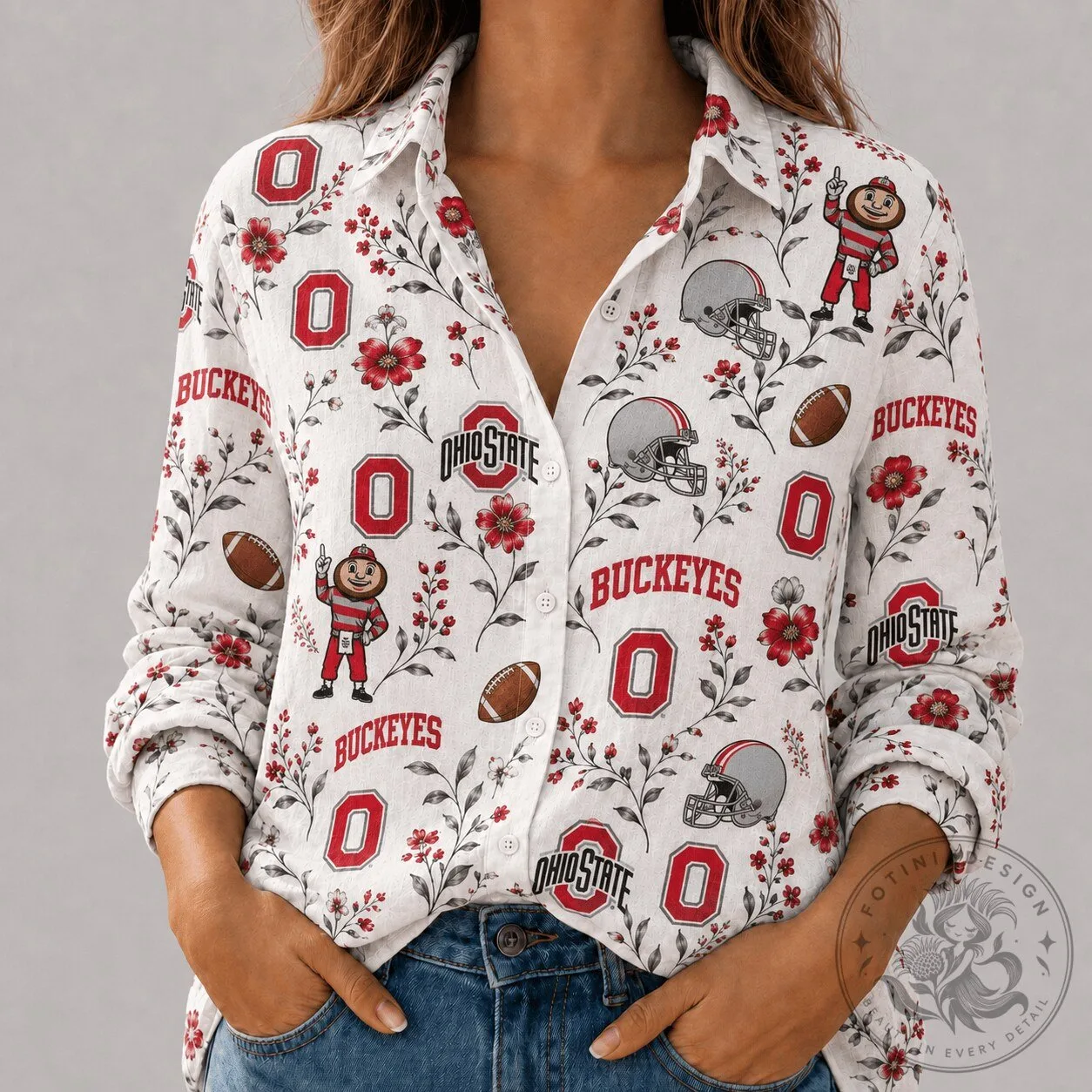 Ohio State Football Buckeyes Floral Print Button-Up Long-Sleeve Shirt