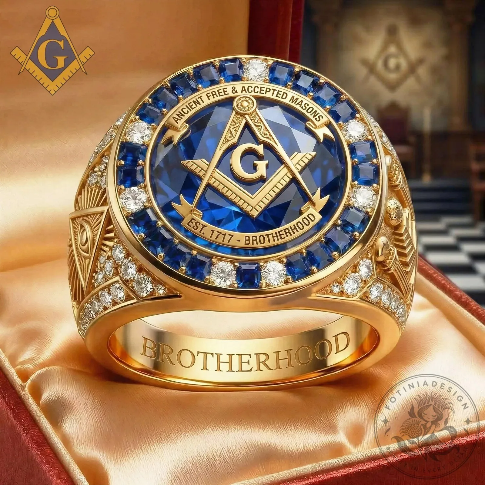 Ancient Free and Accepted Masons Brotherhood Gold and Blue Crystal Ring