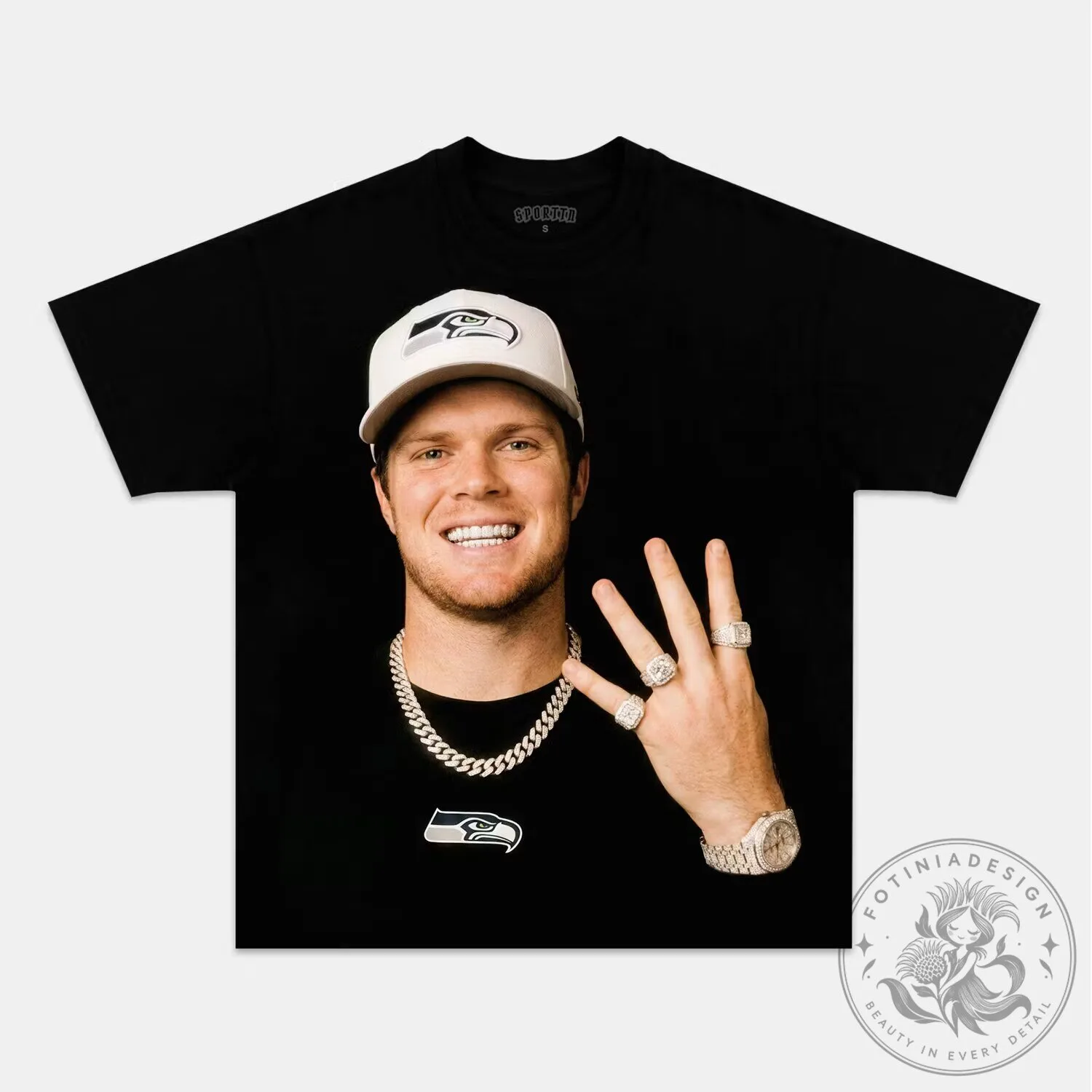 Black Graphic T-Shirt featuring Sam Darnold of the Seattle Seahawks Football Team