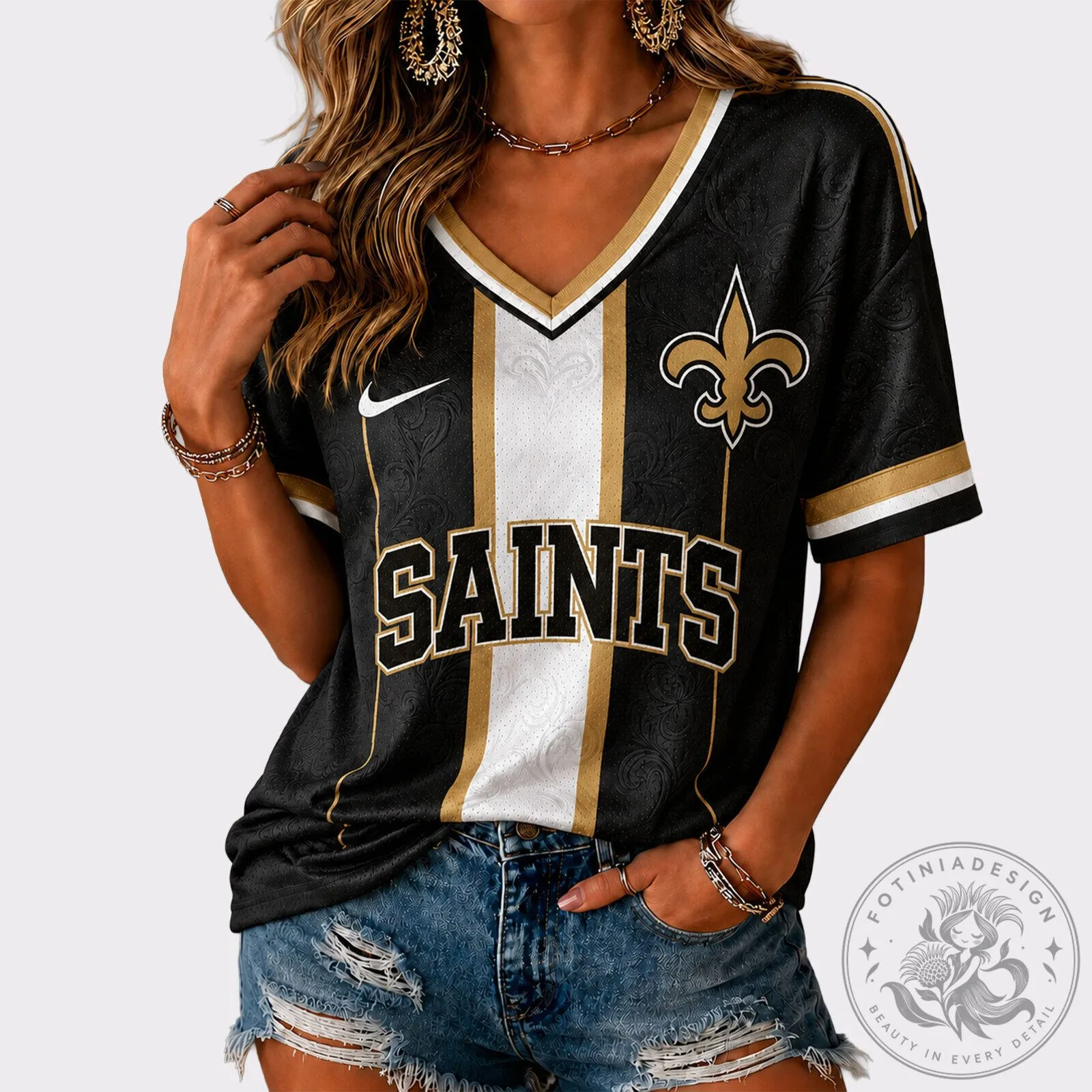 New Orleans Saints Black and Gold V-Neck Casual Football Fan T-Shirt