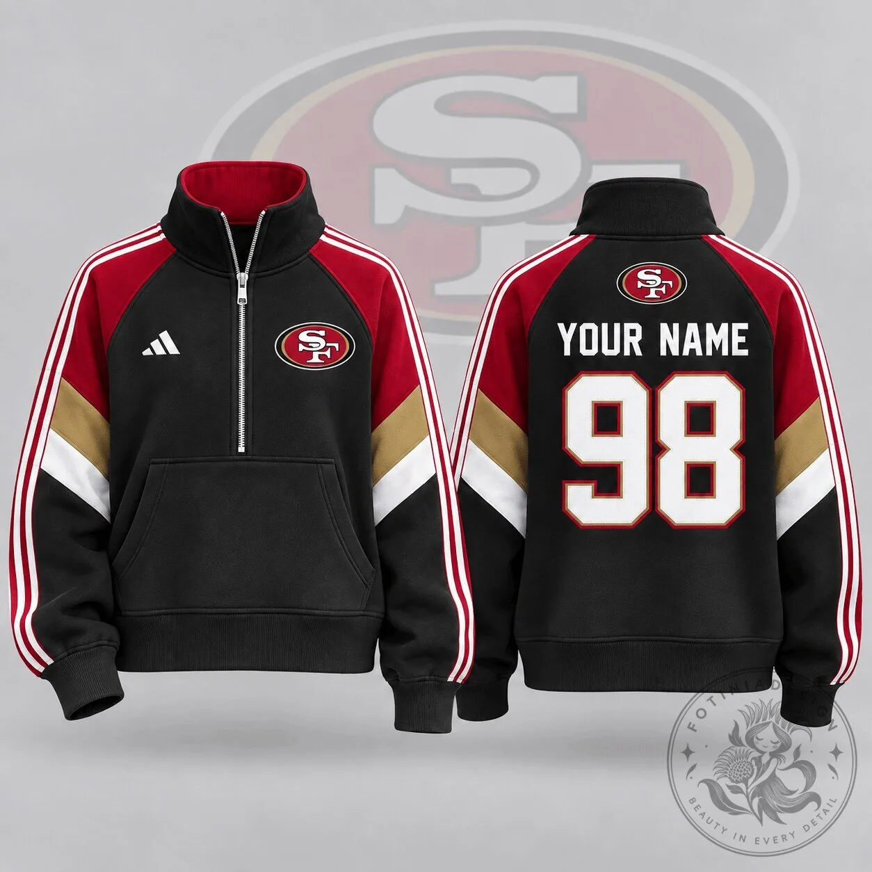 San Francisco 49ers NFL Team Crest Custom Name Number Quarter Zip Sweatshirt