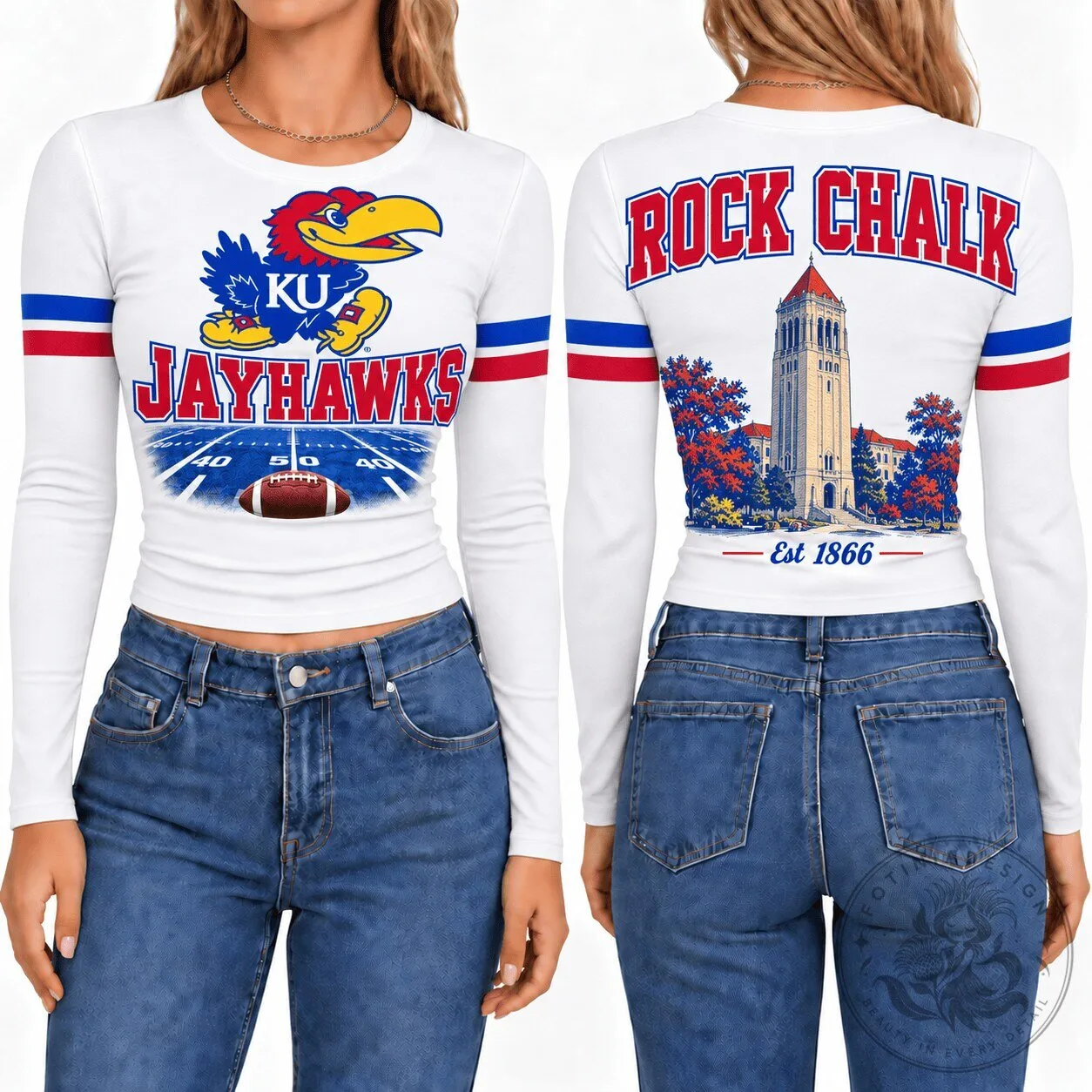 Limited Edition Personalized EDM Shoes for the New Season – Best Seller, Selling Quickly! 4 Kansas Jayhawks Football Women's Rock Chalk Long-Sleeve Shirt