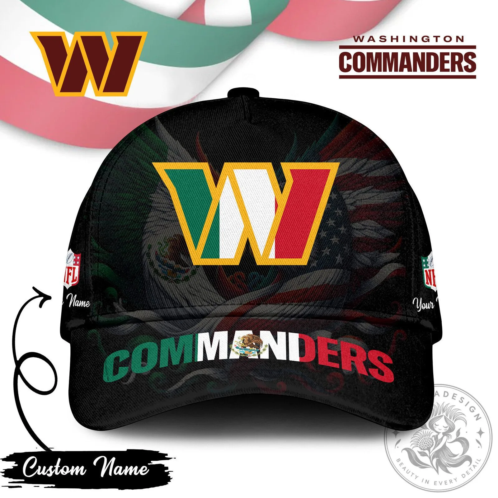 Washington Commanders NFL Mexican Flag Custom Name Cap Hat