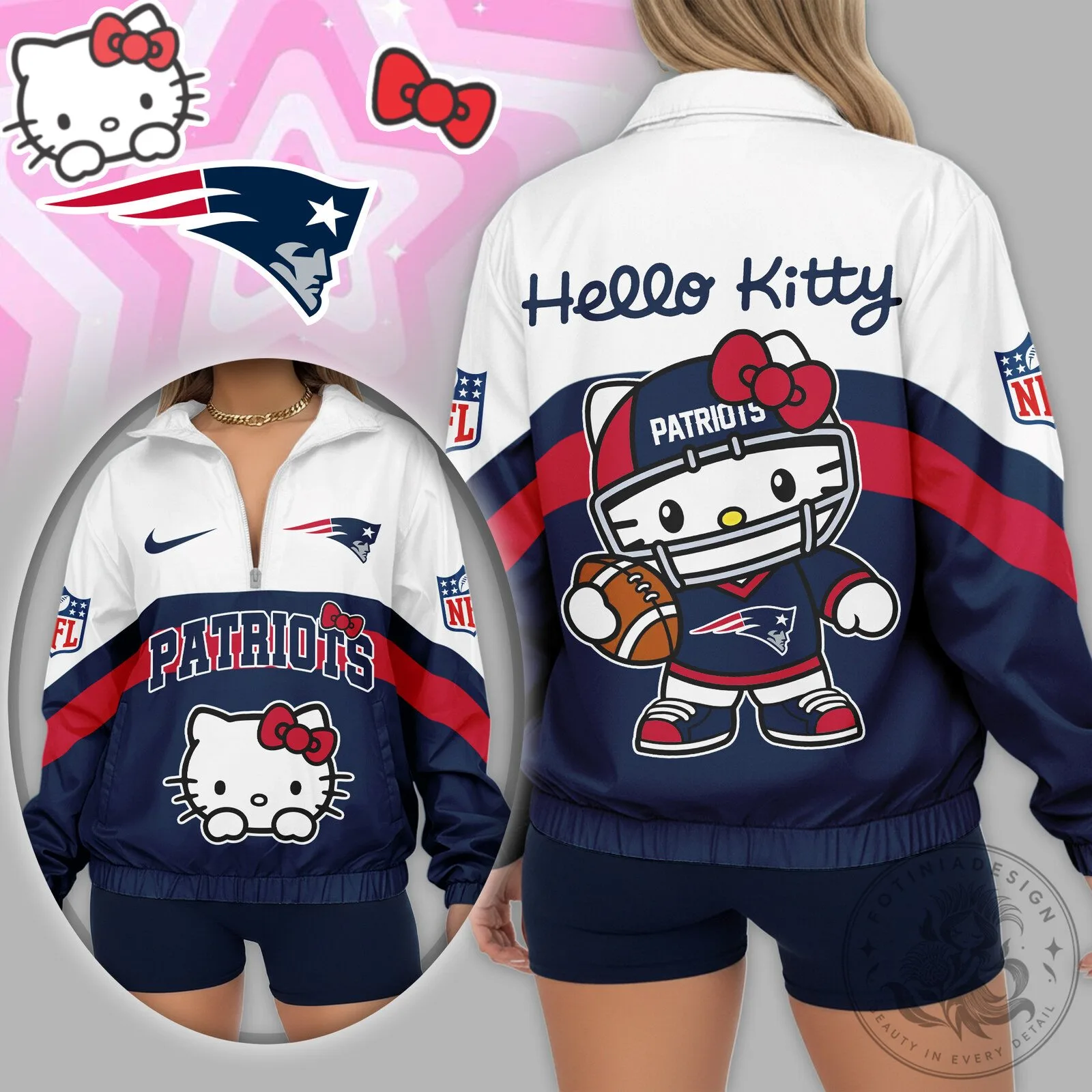 New England Patriots Hello Kitty Football Fan Quarter Zip Windbreaker Jacket