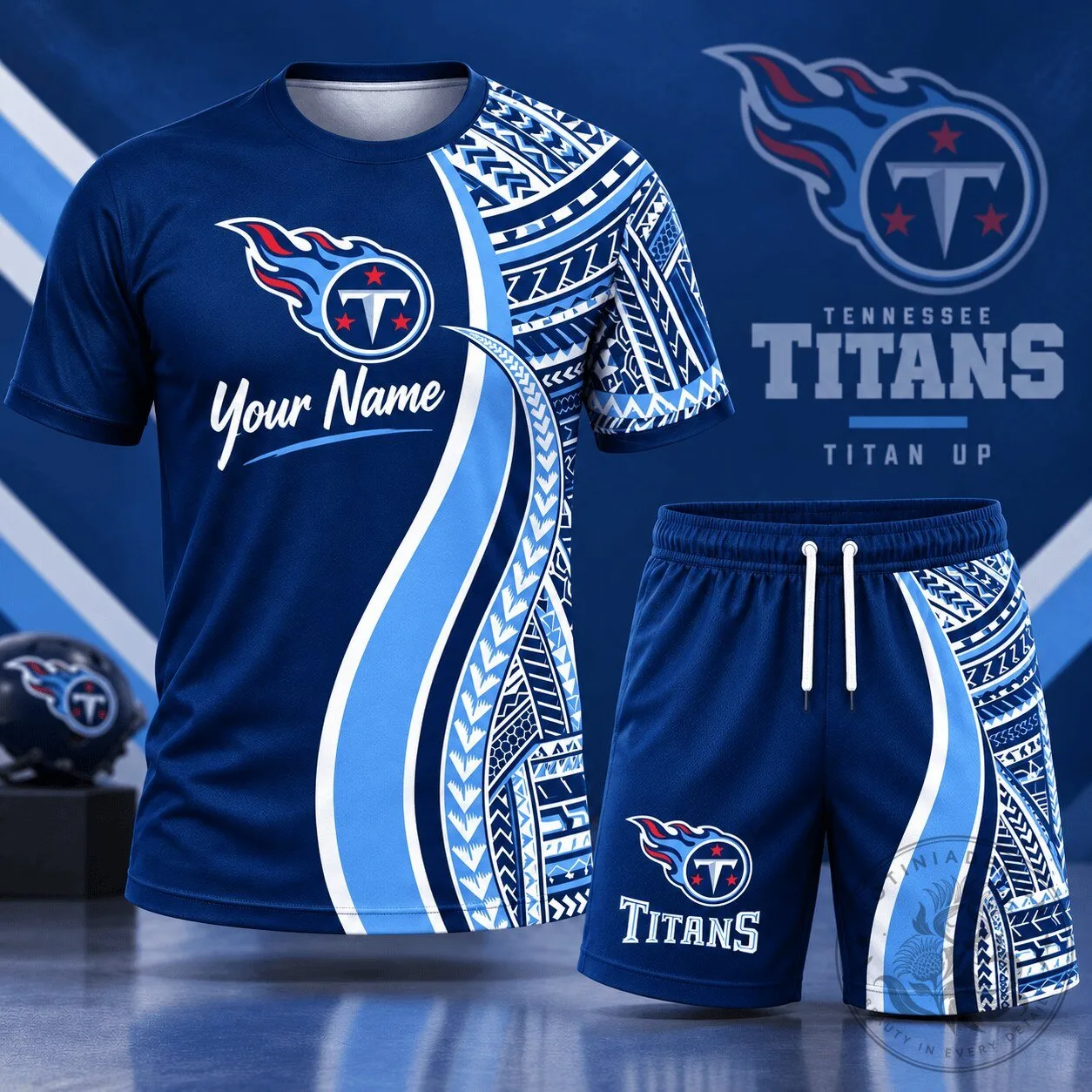 Tennessee Titans NFL Football Custom Name Tribal Graphic T-Shirt and Shorts Set