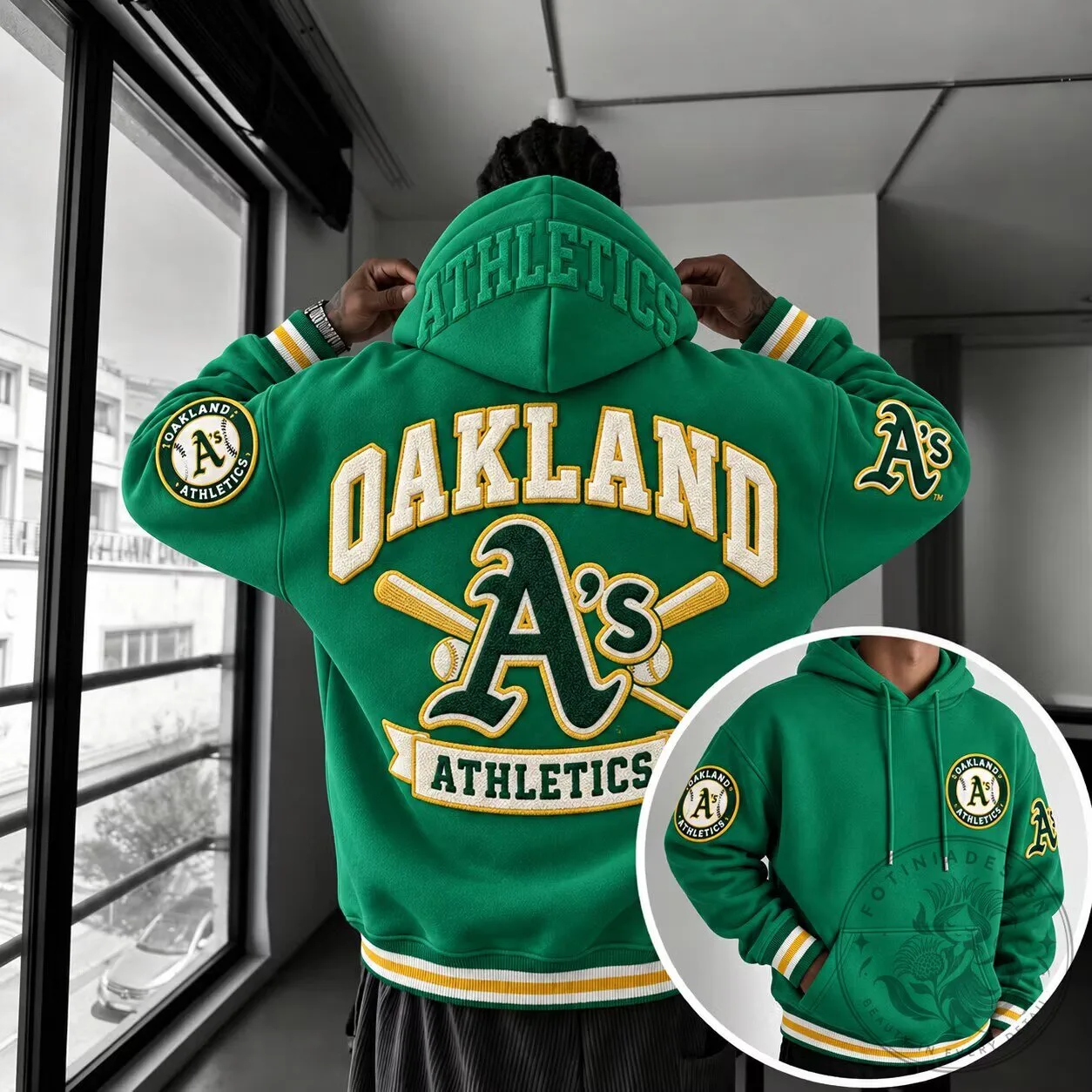 Oakland Athletics Baseball Team Green Embroidered Hoodie for Men and Women