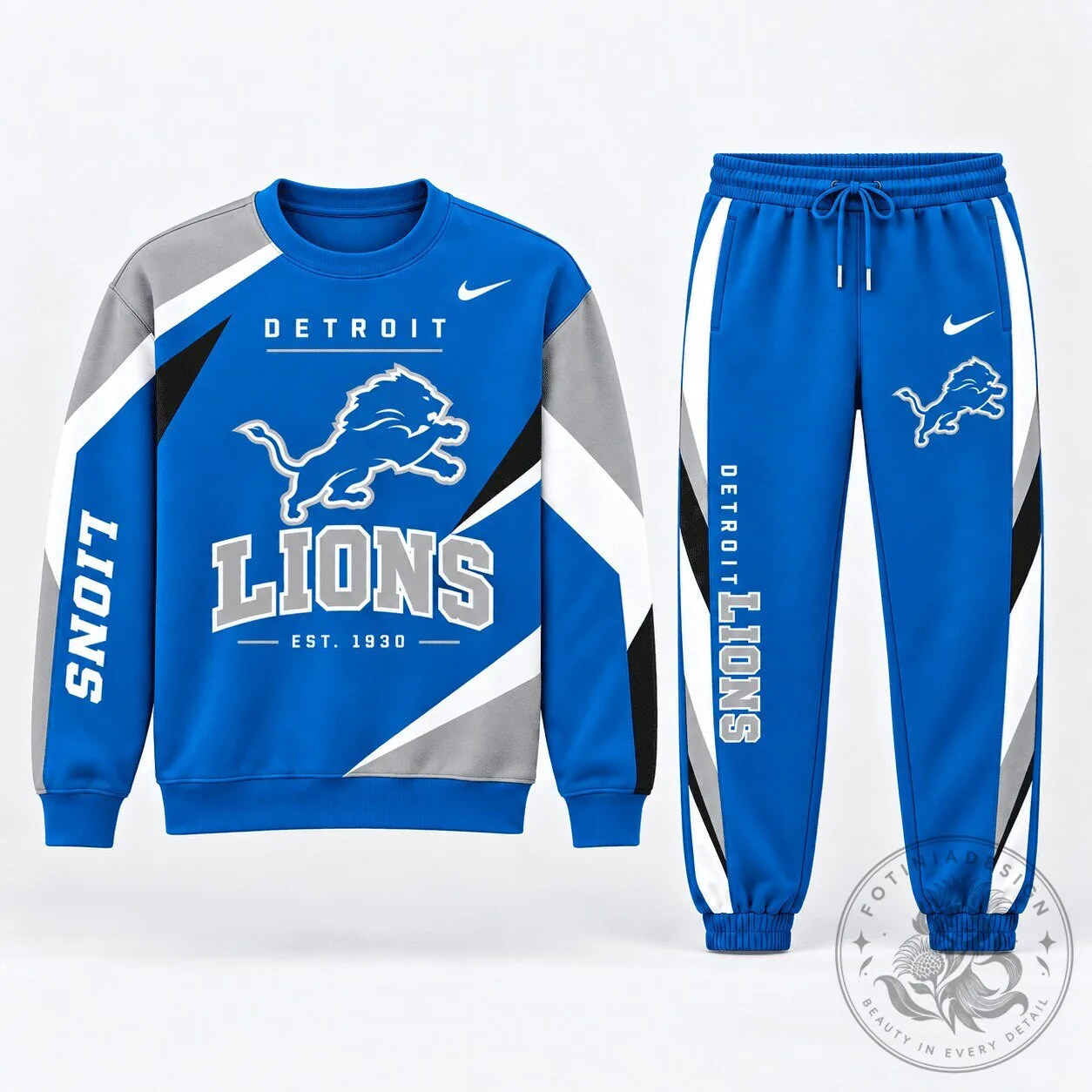Detroit Lions Football Team Fan Crewneck Sweatshirt and Jogger Pants Set