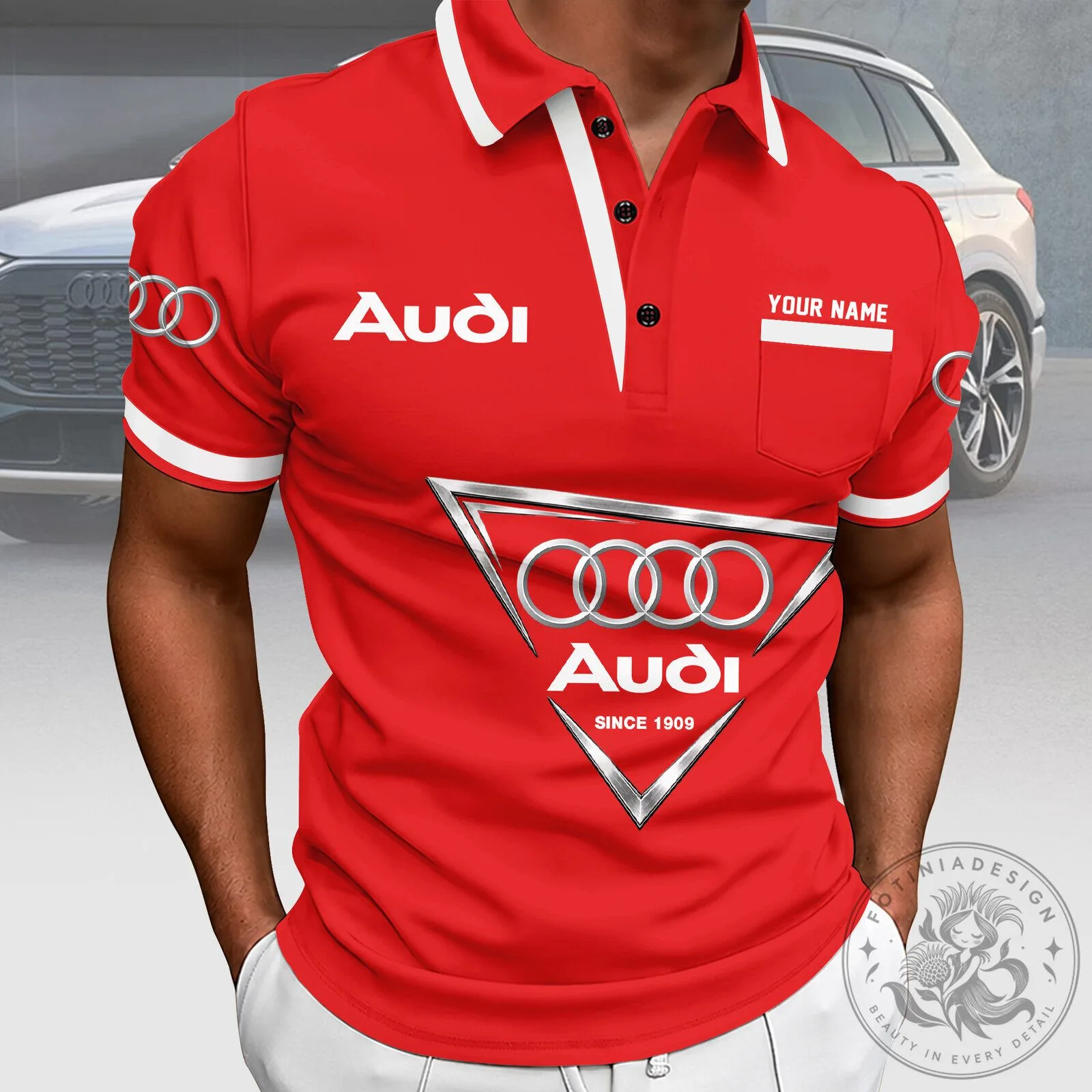 Audi Red Custom Name Car Logo Polo Shirt