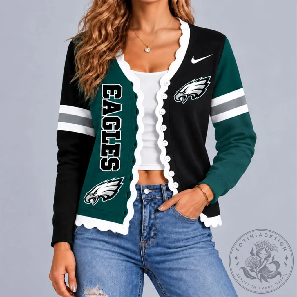 Philadelphia Eagles Football Team Fan Scalloped Cardigan Sweater 21 Philadelphia Eagles Football Team Fan Scalloped Cardigan Sweater