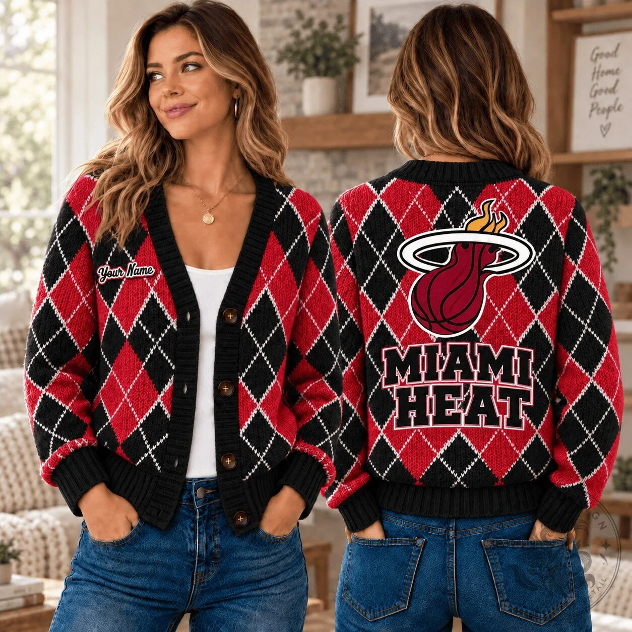Miami Heat NBA Argyle Custom Name Cardigan Jacket for Basketball Fans