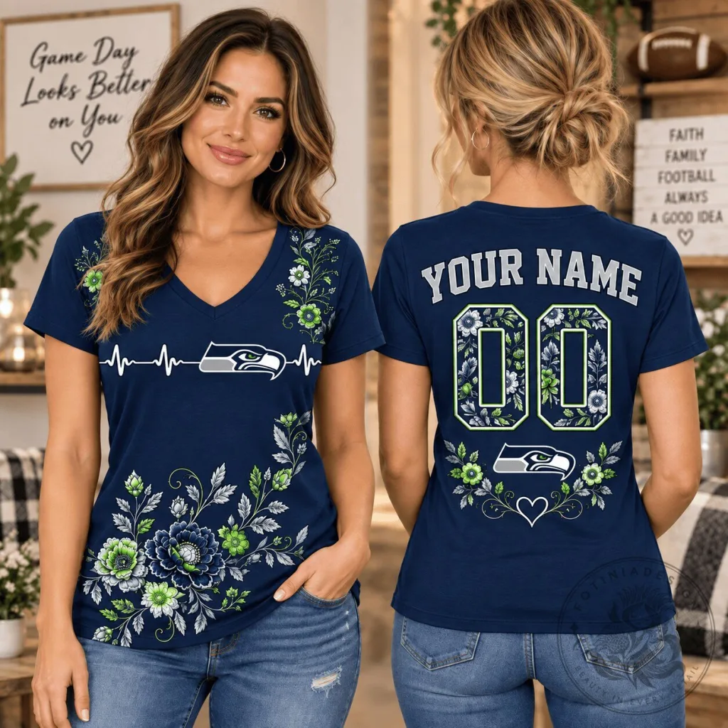 Seattle Seahawks Personalized Floral V-Neck T-Shirt for 1D Fan Seattle Seahawks Personalized Floral V-Neck T-Shirt for 1D Fan