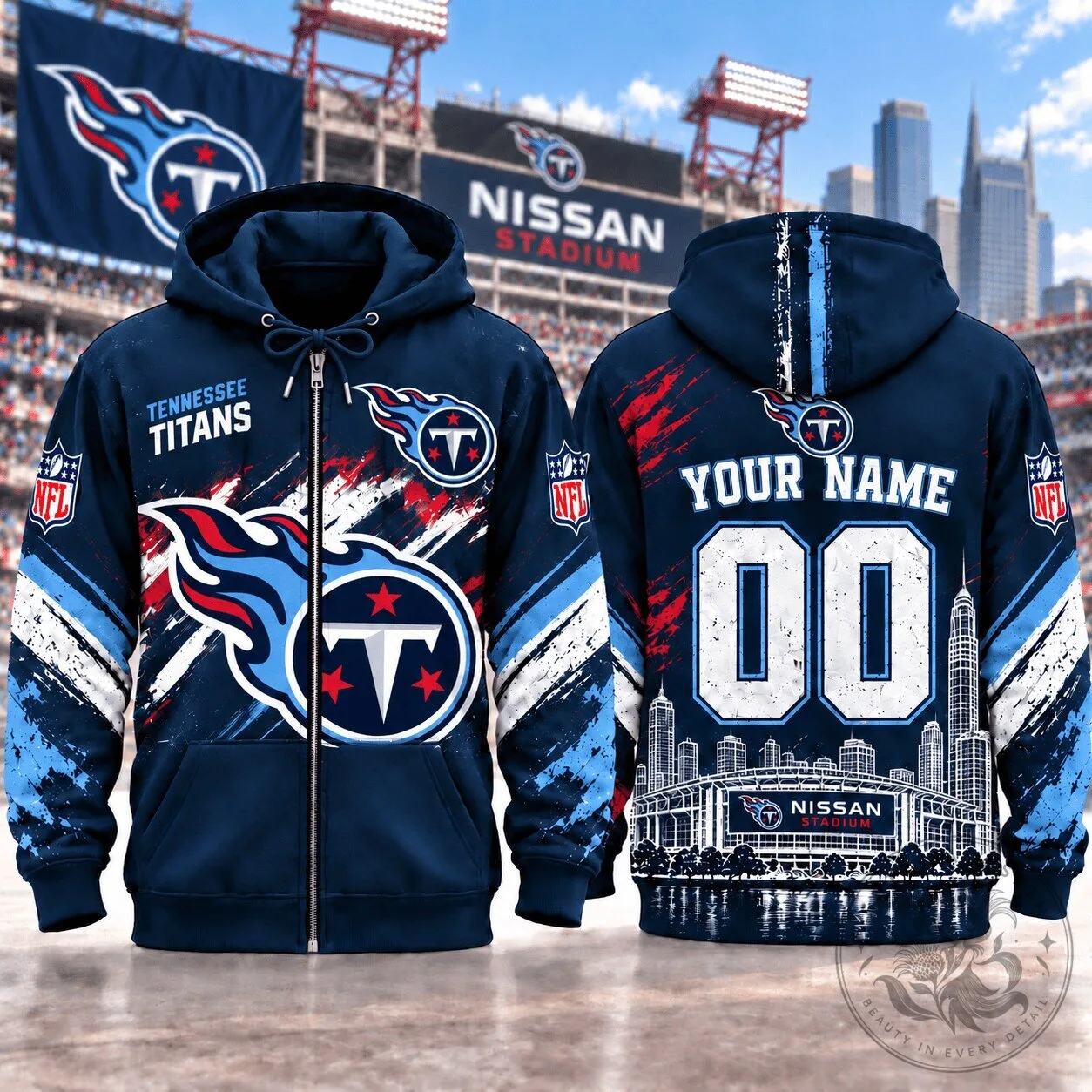 Tennessee Titans Custom Name And Number Full-Zip Hoodie
