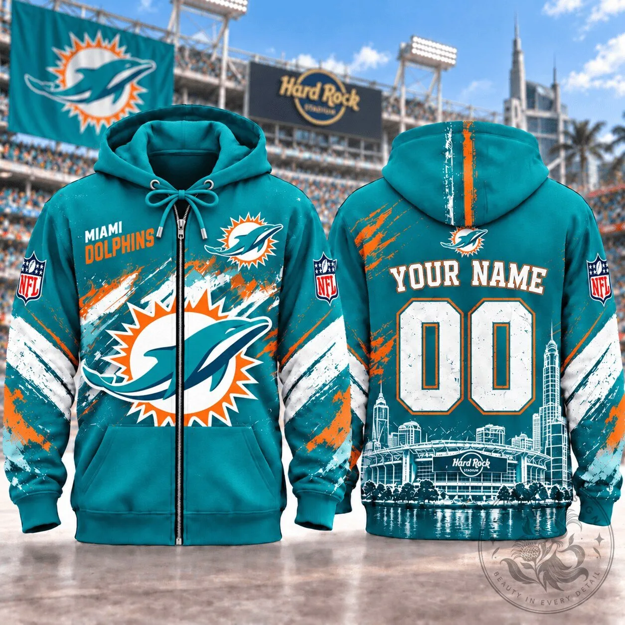 Miami Dolphins Custom Name and Number Aqua Blue Full-Zip Hoodie