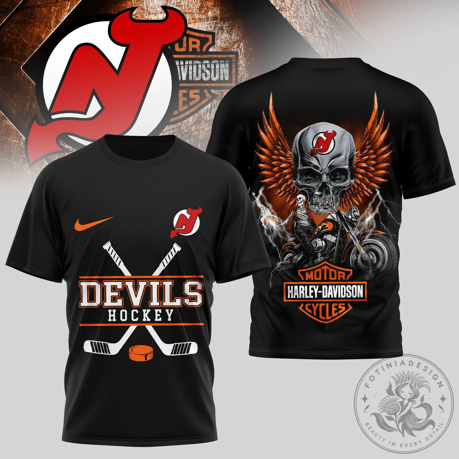 New Jersey Devils Harley-Davidson Skull Wings Hockey Fan T-Shirt