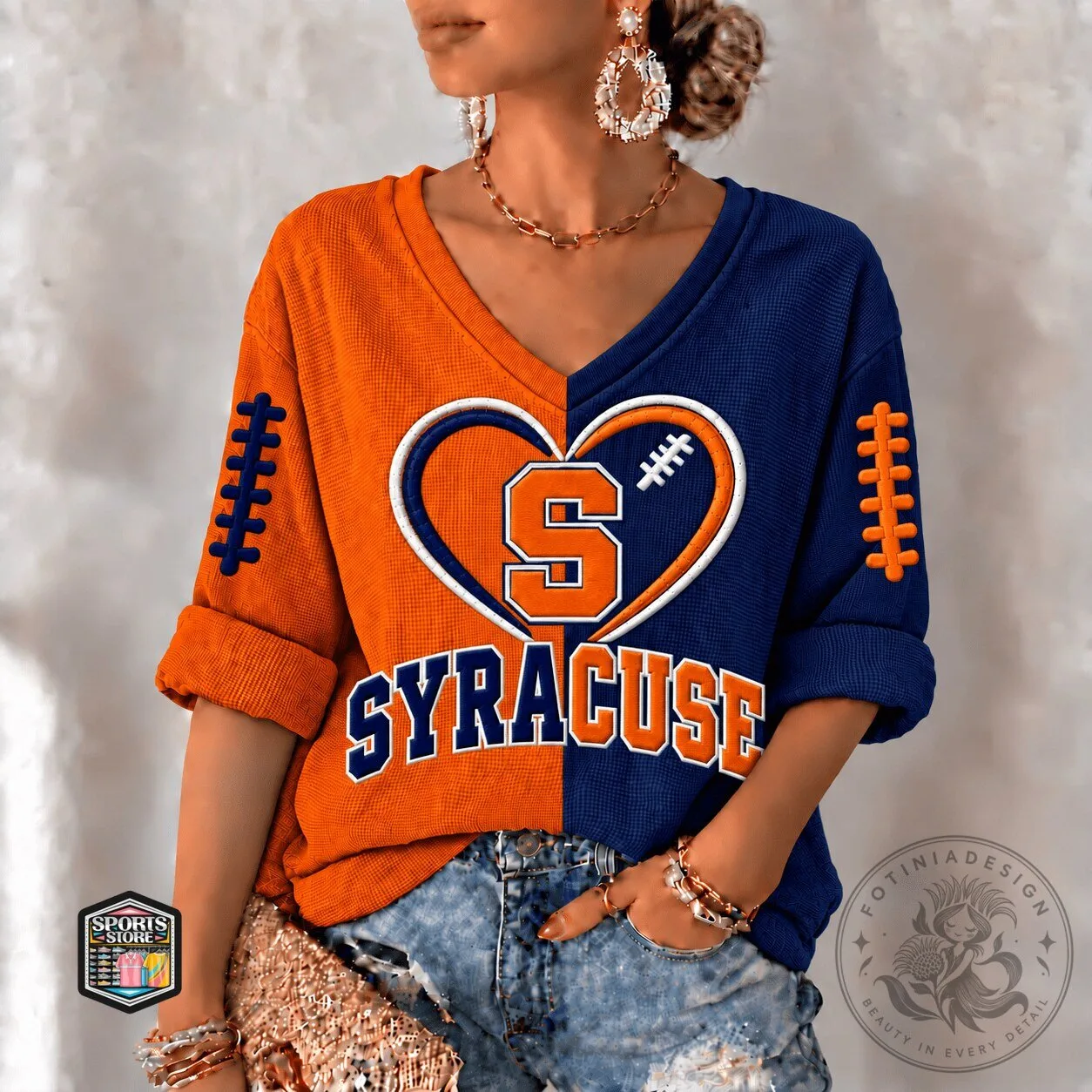 Syracuse Orange Football Heart Split Color V-Neck T-Shirt