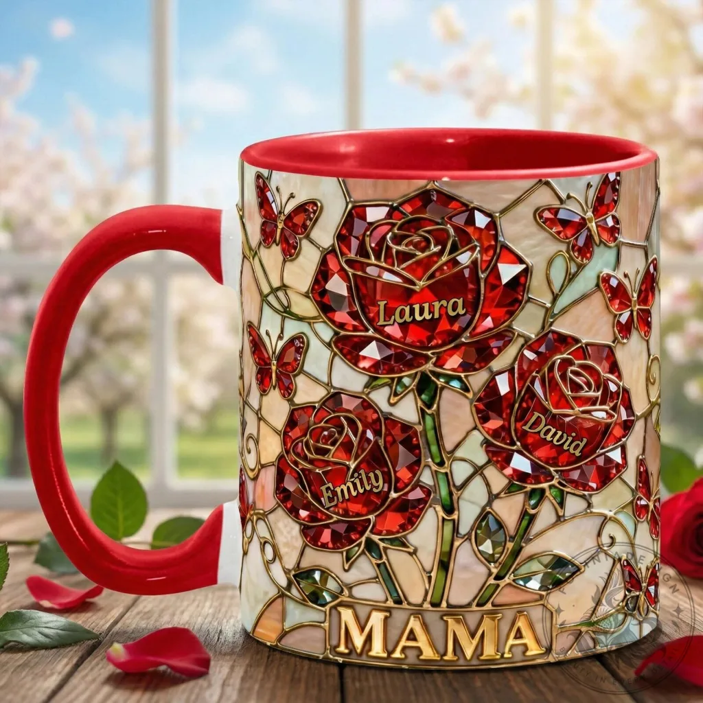 Personalized Red Rose Stained Glass Design Mama and Kids Name Coffee Mug Personalized Red Rose Stained Glass Design Mama and Kids Name Coffee Mug