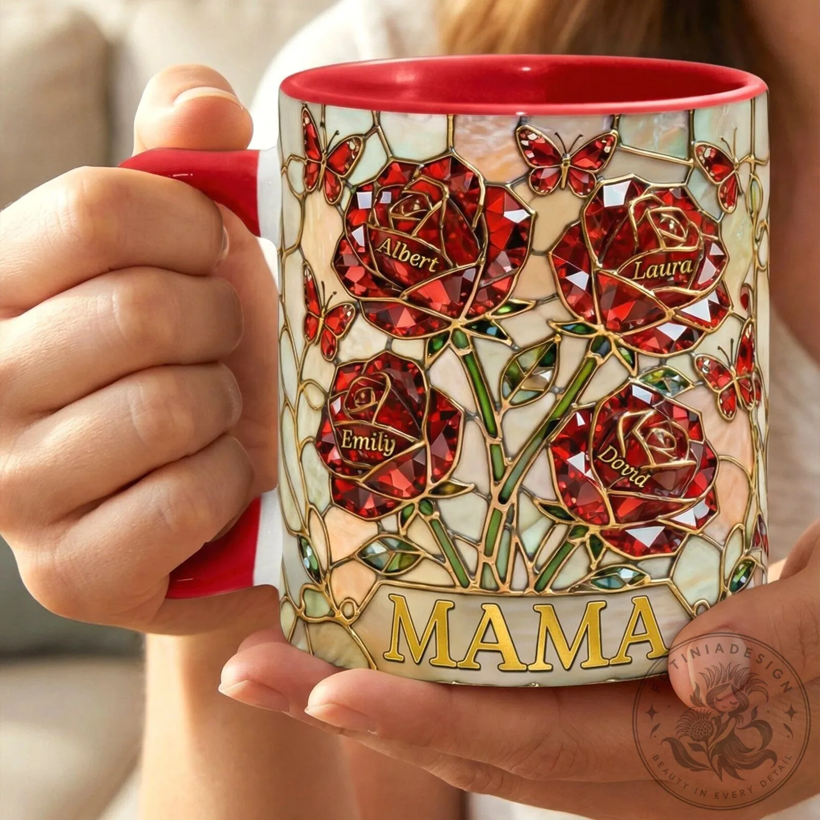 Personalized Red Rose Stained Glass Design Mama and Kids Name Coffee Mug 9 Personalized Red Rose Stained Glass Design Mama and Kids Name Coffee Mug