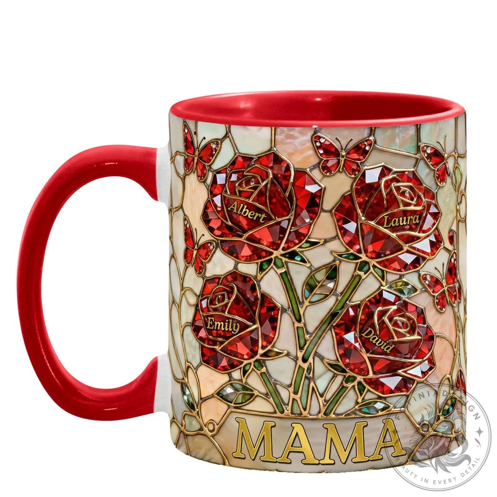 Personalized Red Rose Stained Glass Design Mama and Kids Name Coffee Mug 10 Personalized Red Rose Stained Glass Design Mama and Kids Name Coffee Mug