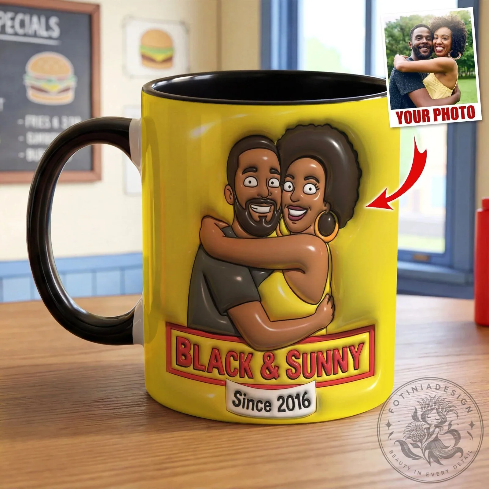 Personalized Couple Cartoon Portrait Yellow Coffee Mug