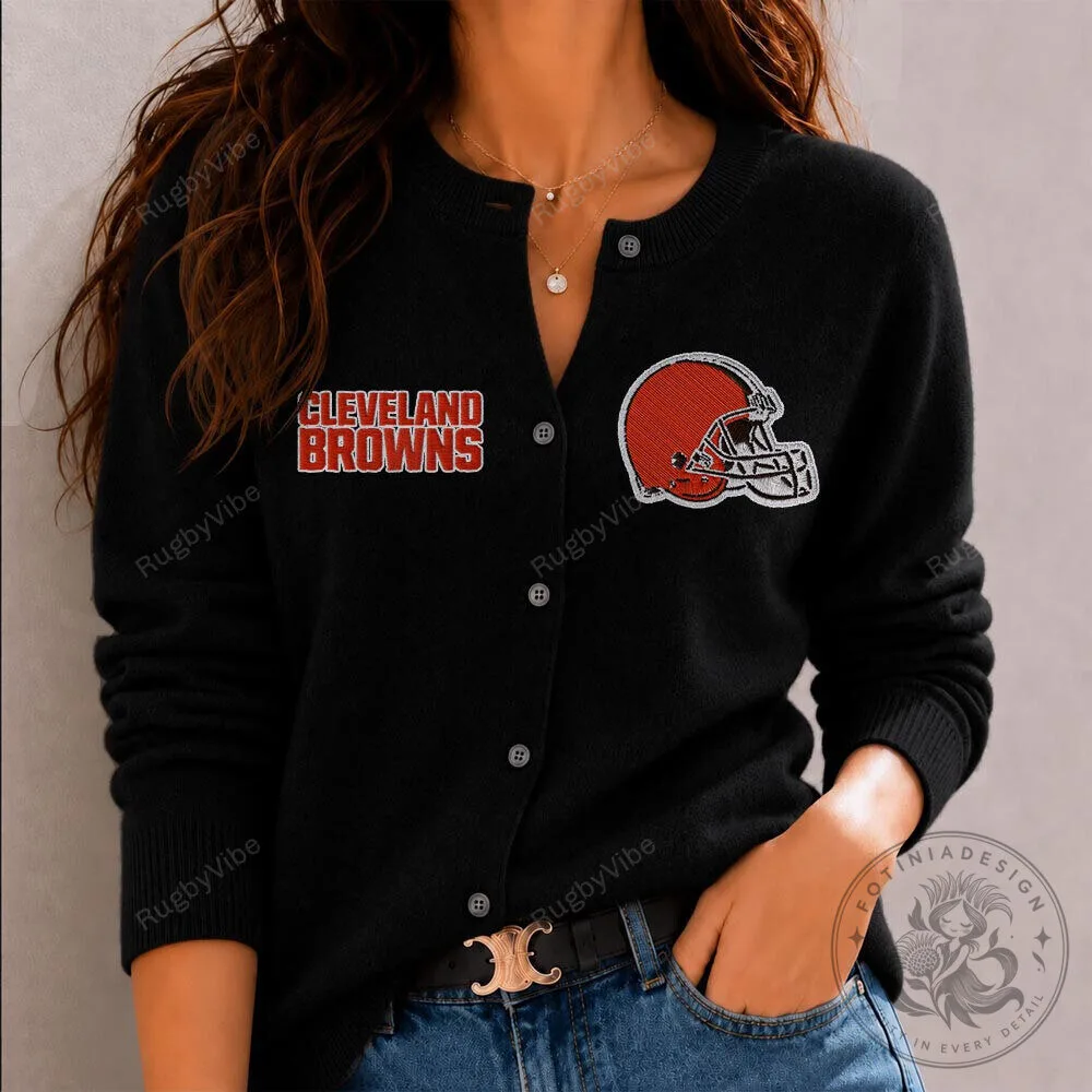 Cleveland Browns Football Helmet Embroidered Black Cardigan Sweater