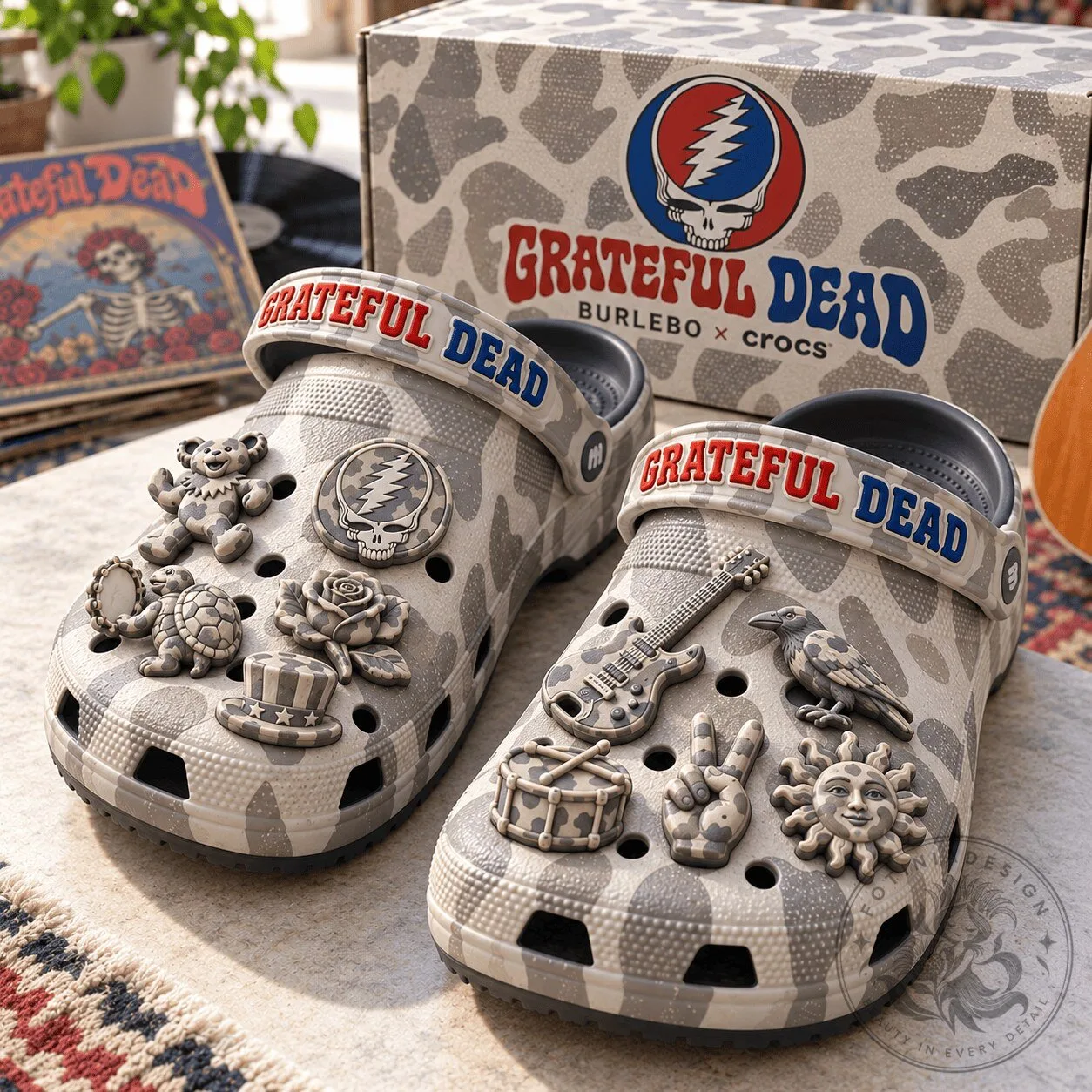Grateful Dead Camouflage Pattern Clogs with Band Charms