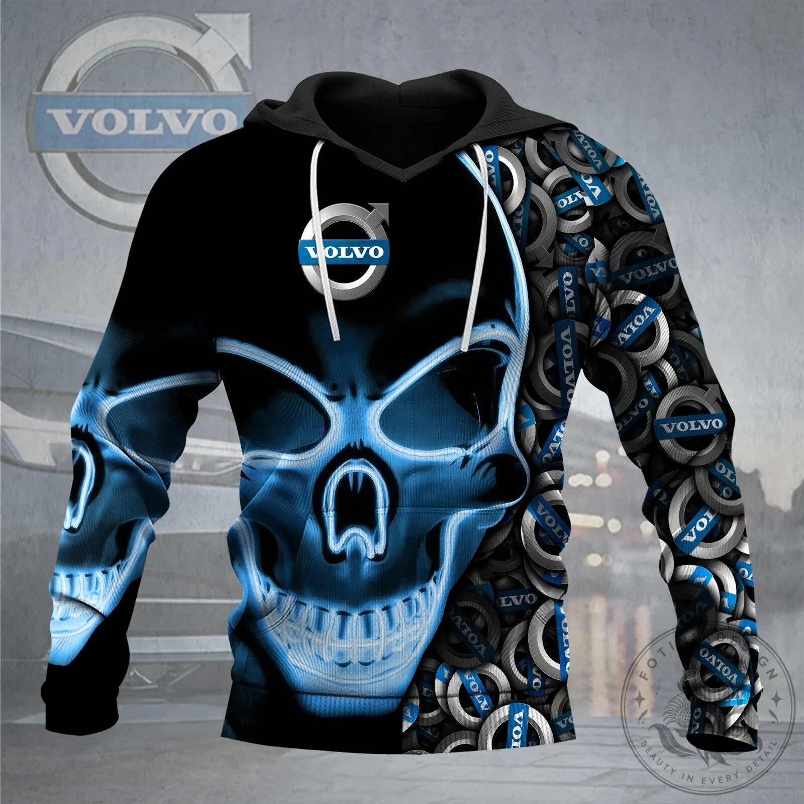 Volvo Blue Skull and Tire Pattern All Over Print Hoodie