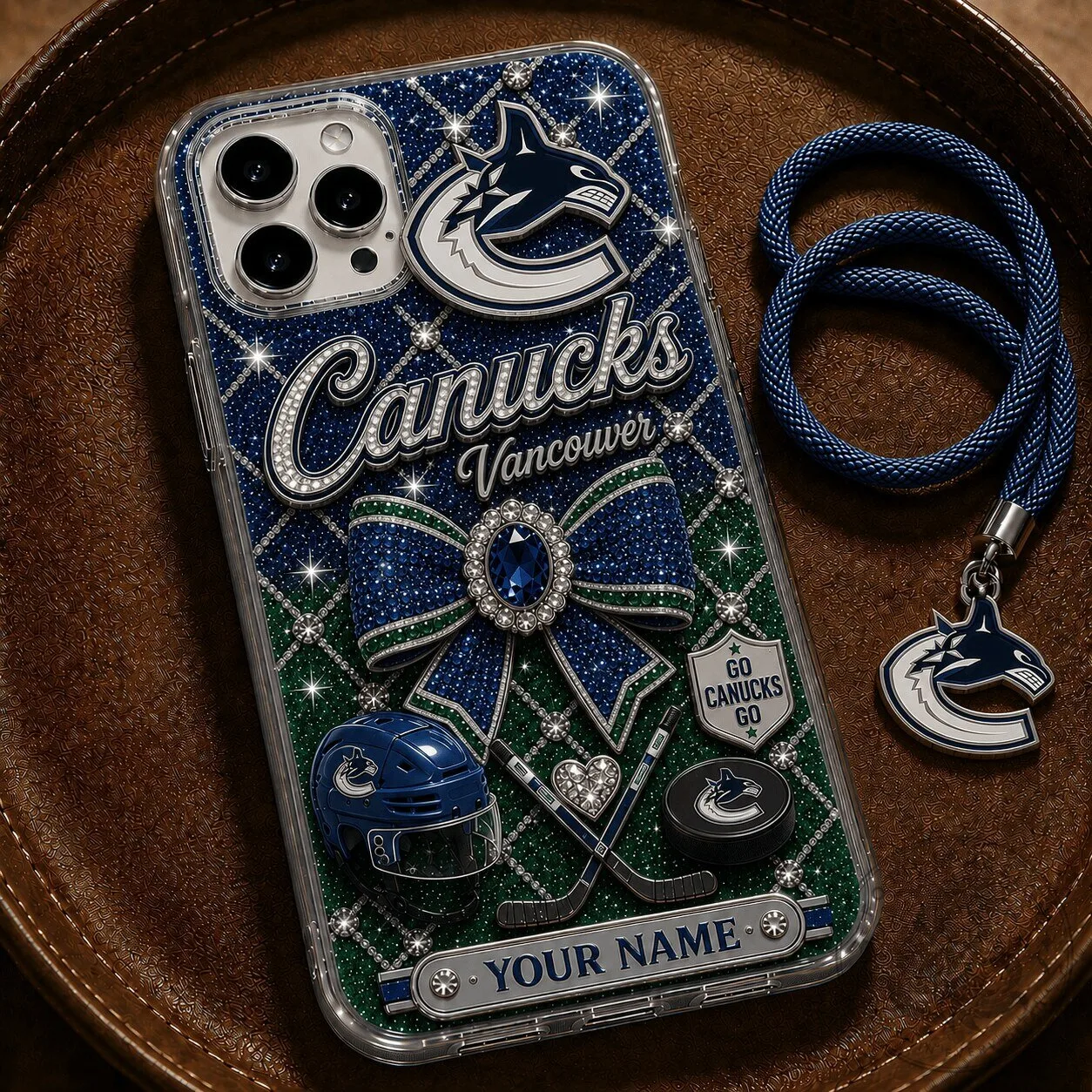 Vancouver Canucks NHL Ice Hockey Bling Design Custom Name Phone Case