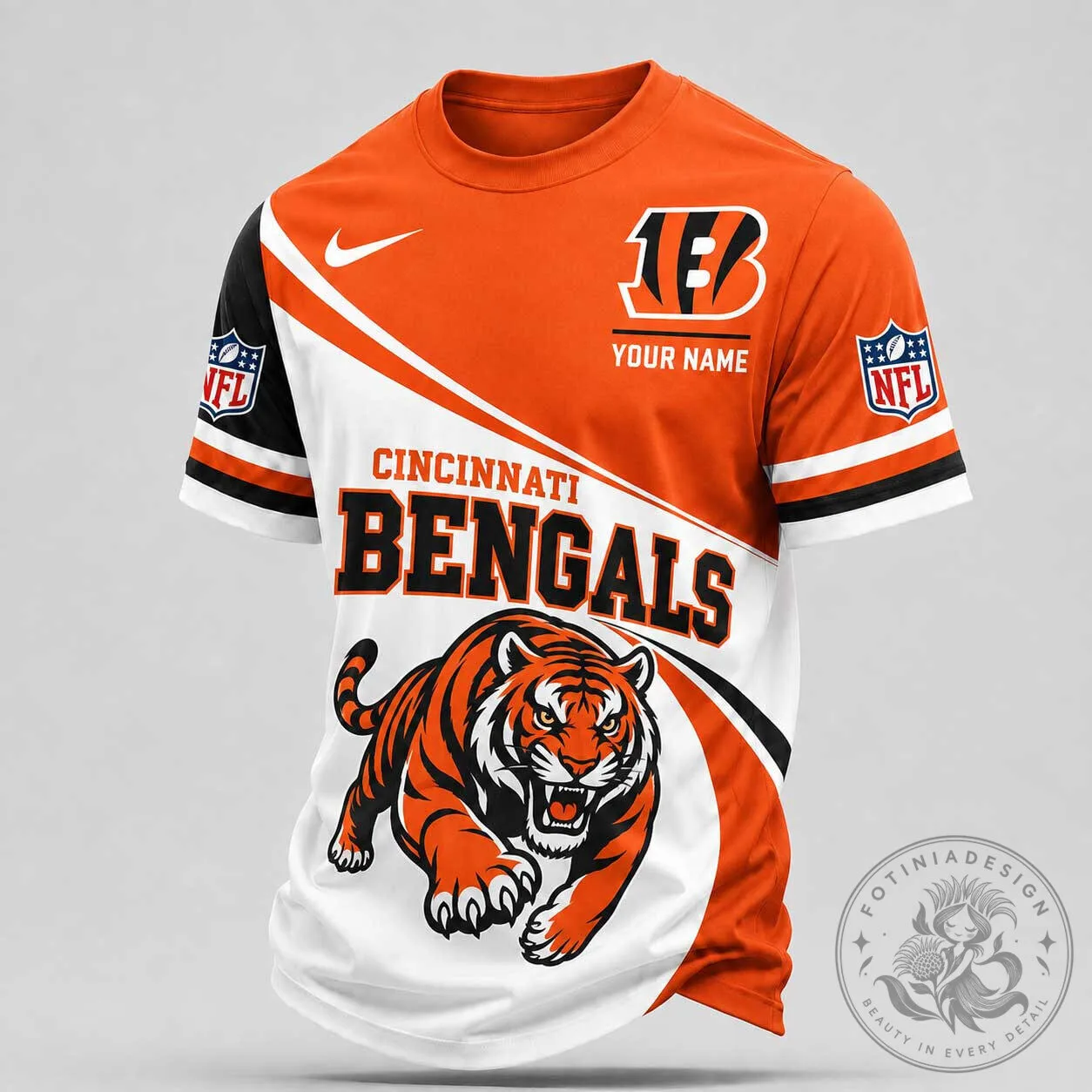 Cincinnati Bengals NFL Team Logo Custom Name Orange and White T-Shirt