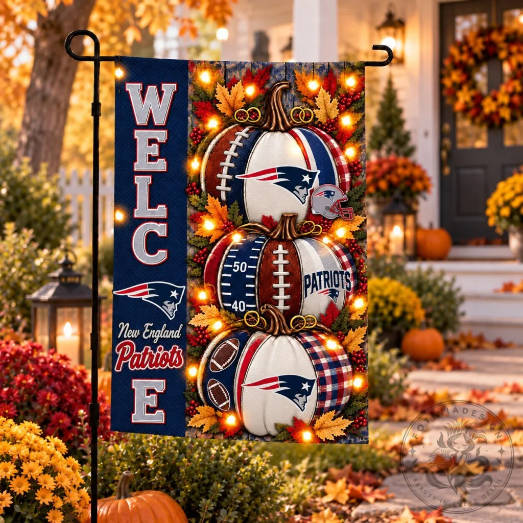 New England Patriots Halloween Football Pumpkins Welcome Fall Garden Flag New England Patriots Halloween Football Pumpkins Welcome Fall Garden Flag