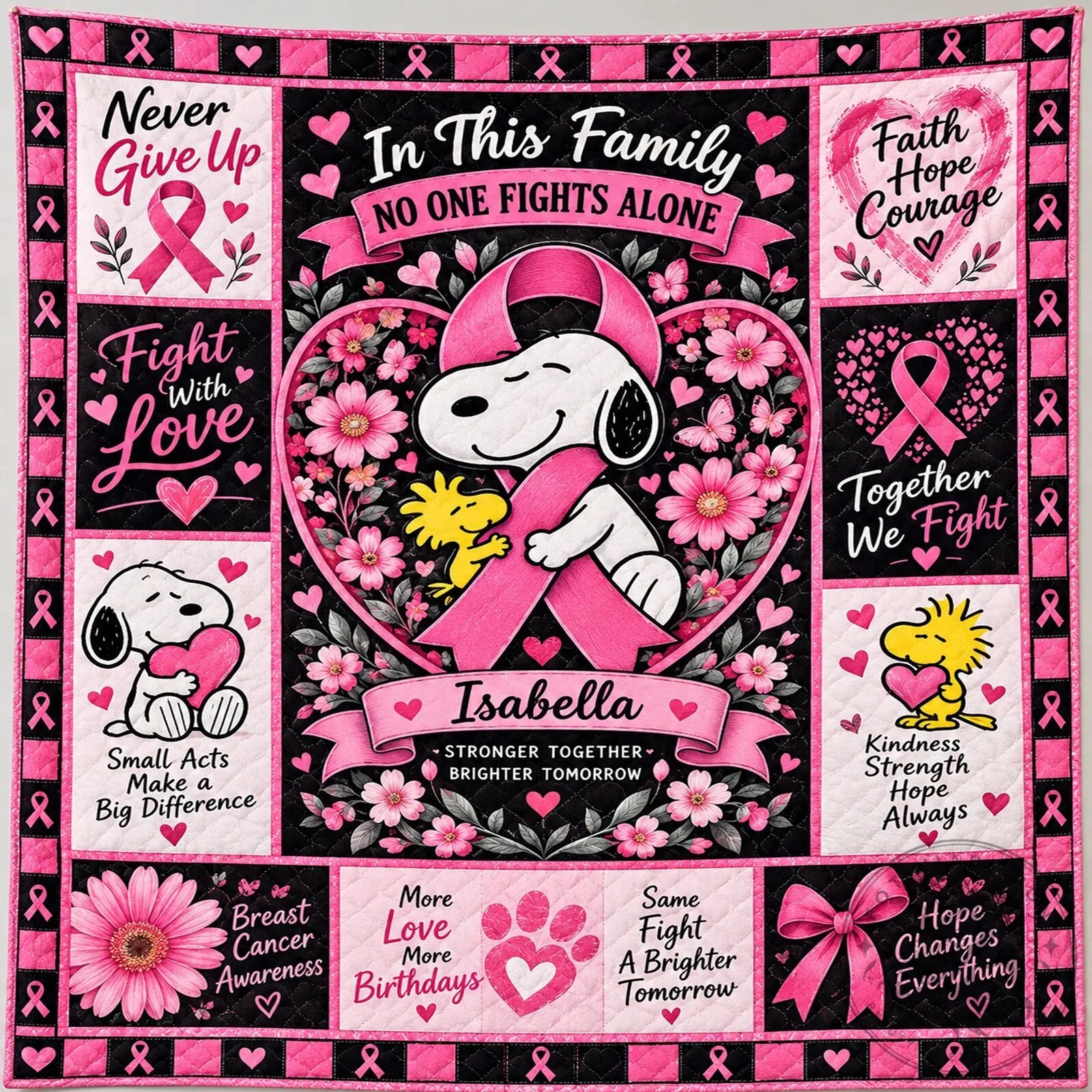 Snoopy Breast Cancer Awareness Personalized Quilt Blanket