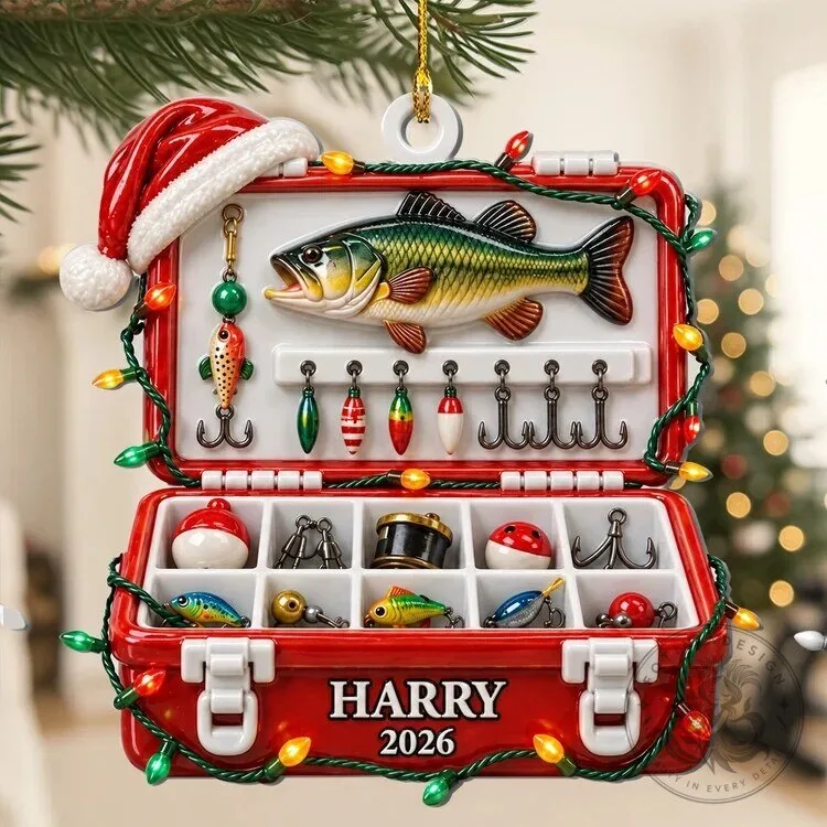 Personalized Fishing Tackle Box Christmas Ornament with Santa Hat