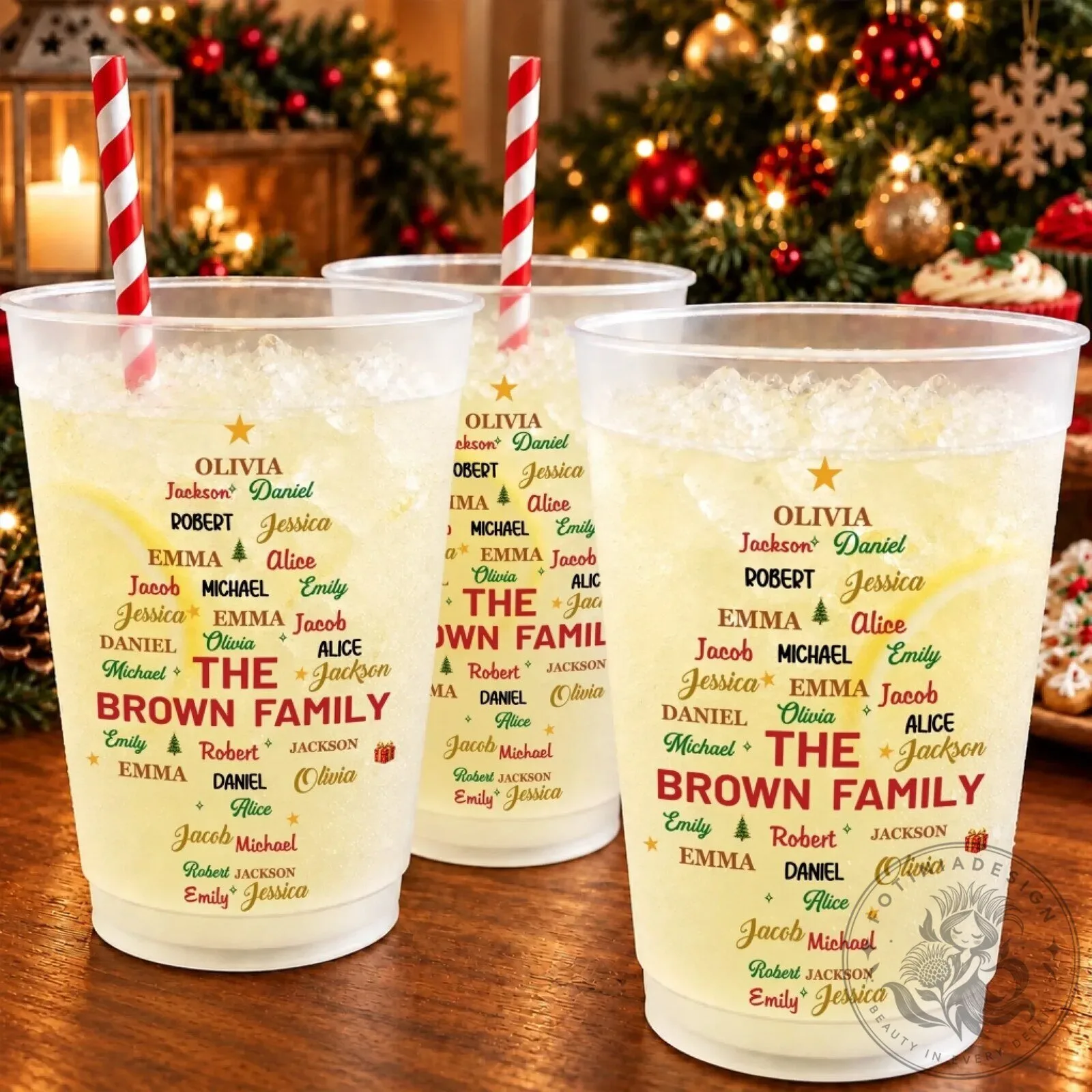 Personalized Family Names Christmas Tree Frosted Drinking Glass
