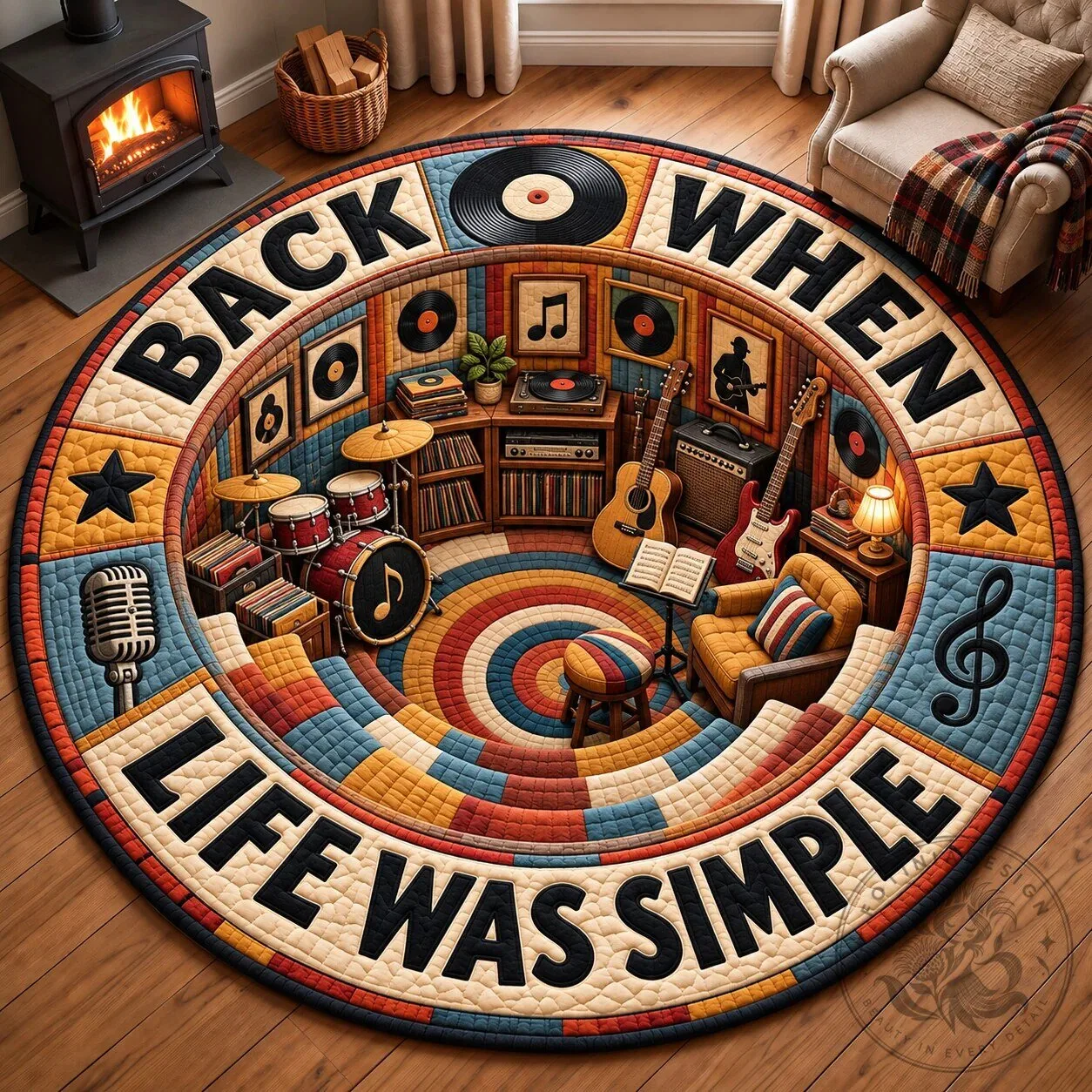 Retro Music Room Back When Life Was Simple Round Rug