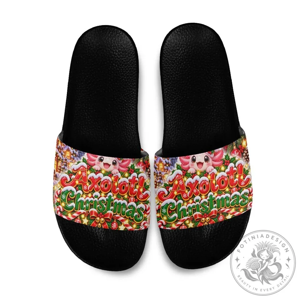 Axolotl Christmas Celebration Slide Sandals Festive Winter Snowflakes Art