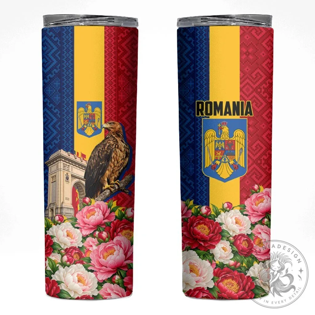 Romania Flag Eagle Arcul De Triumf Floral Peony Pattern Skinny Tumbler