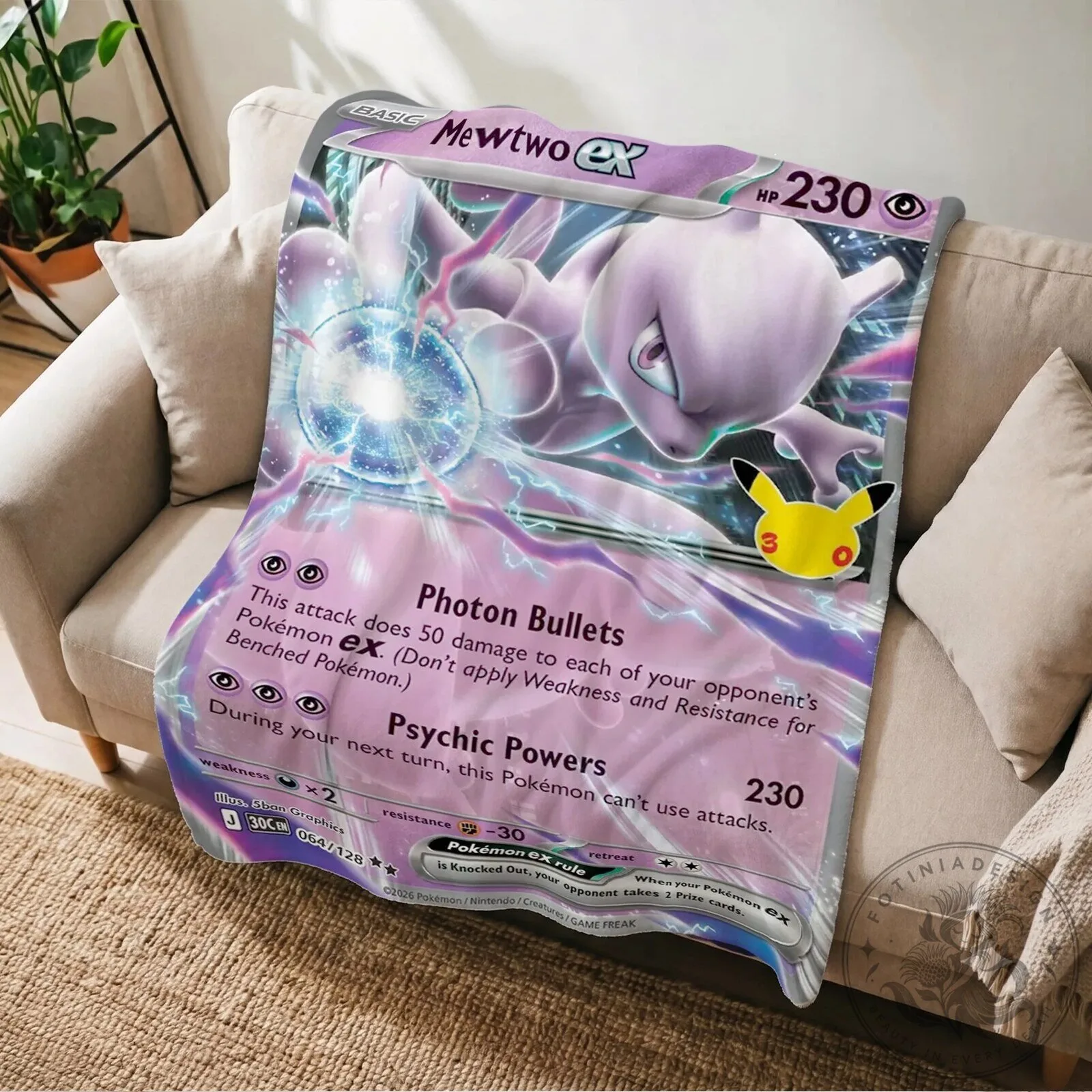 Pokemon Mewtwo EX 30th Anniversary Trading Card Game Fleece Blanket