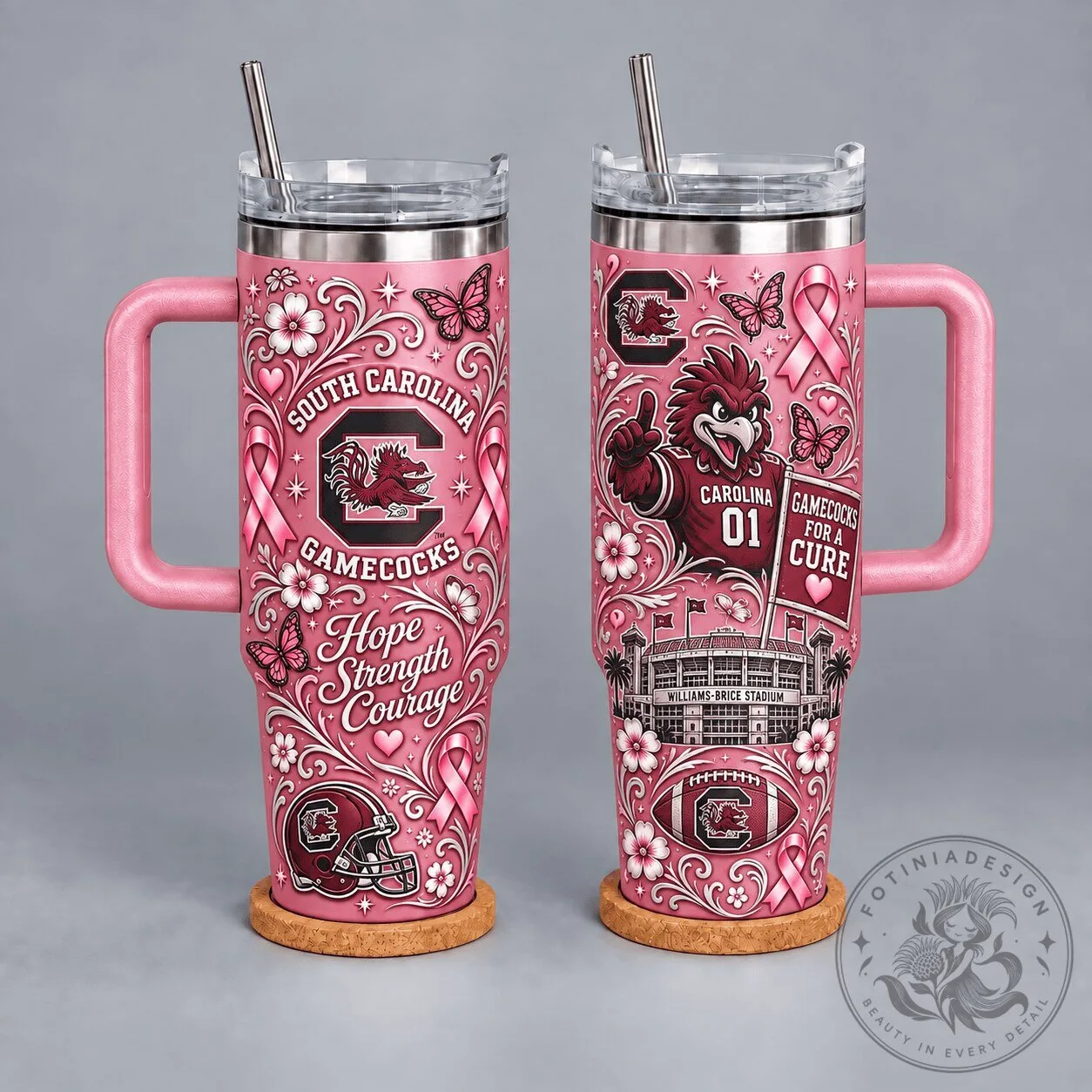 South Carolina Gamecocks Breast Cancer Awareness Hope Strength Courage Tumbler