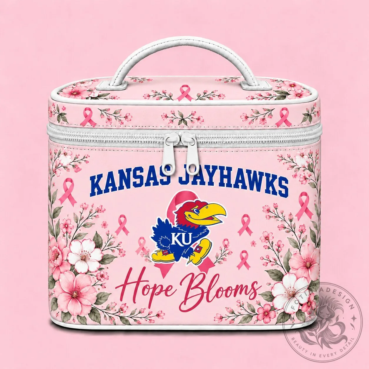 Kansas Jayhawks Breast Cancer Awareness Hope Blooms Cosmetic Bag