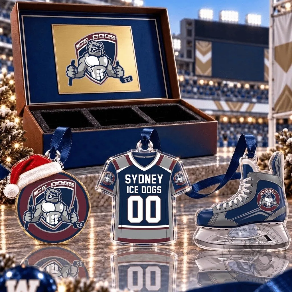 Sydney Ice Dogs AIHL Hockey Team Jersey Skate Puck Christmas Ornament Set