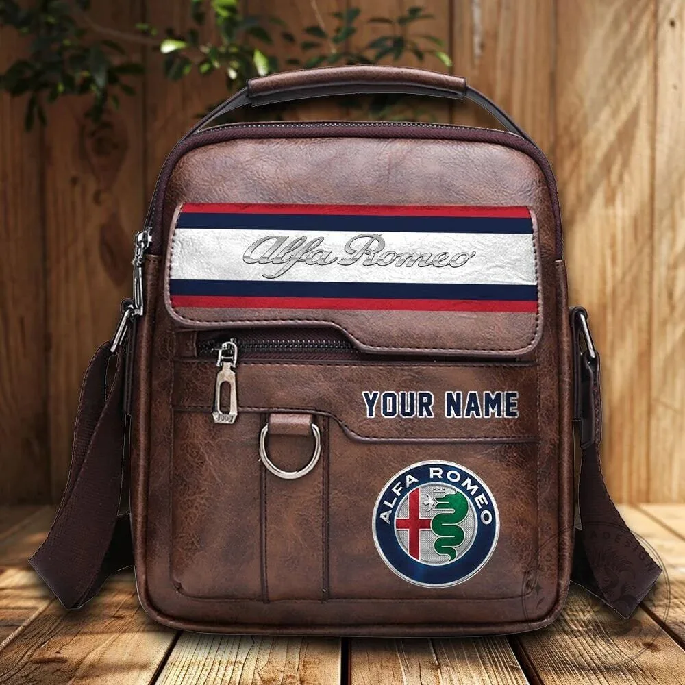 Alfa Romeo Custom Name Leather Crossbody Bag for Men, Zipper Shoulder Bag
