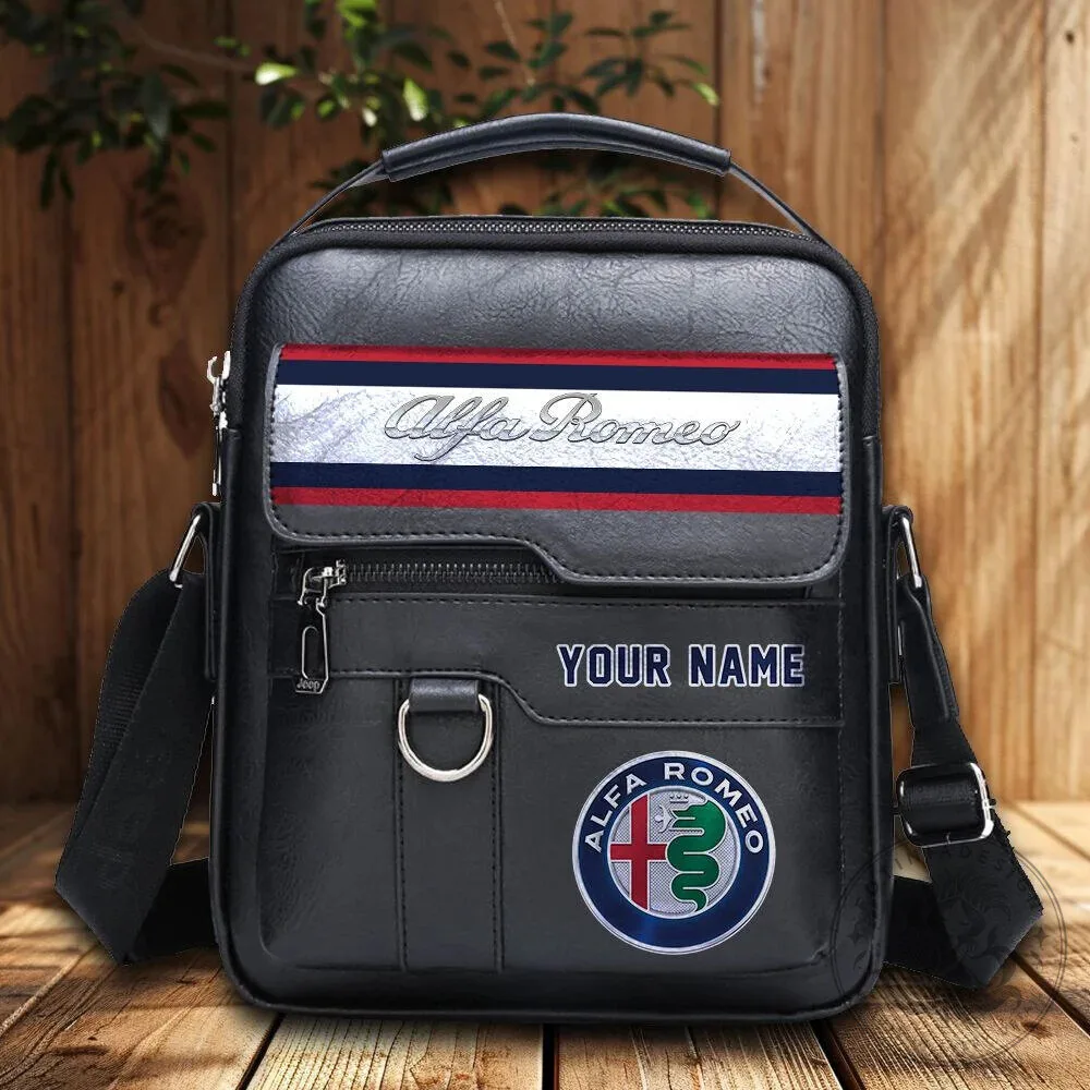 Alfa Romeo Custom Name Leather Crossbody Bag for Men, Zipper Shoulder Bag 10 Alfa Romeo Custom Name Leather Crossbody Bag for Men, Zipper Shoulder Bag
