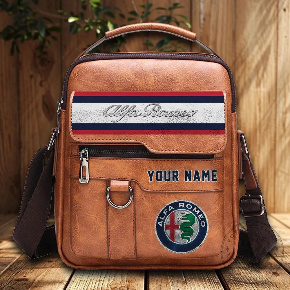 Alfa Romeo Custom Name Leather Crossbody Bag for Men, Zipper Shoulder Bag 11 Alfa Romeo Custom Name Leather Crossbody Bag for Men, Zipper Shoulder Bag