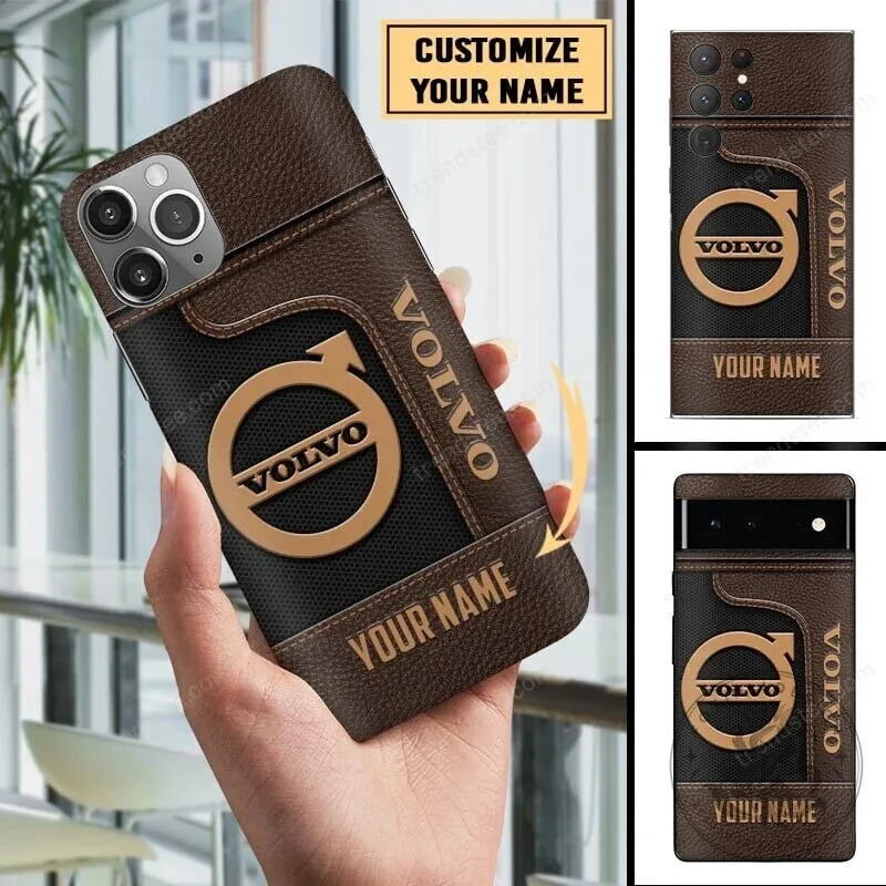 Volvo Personalized Custom Name Brown Leather Phone Case for All Phone Models