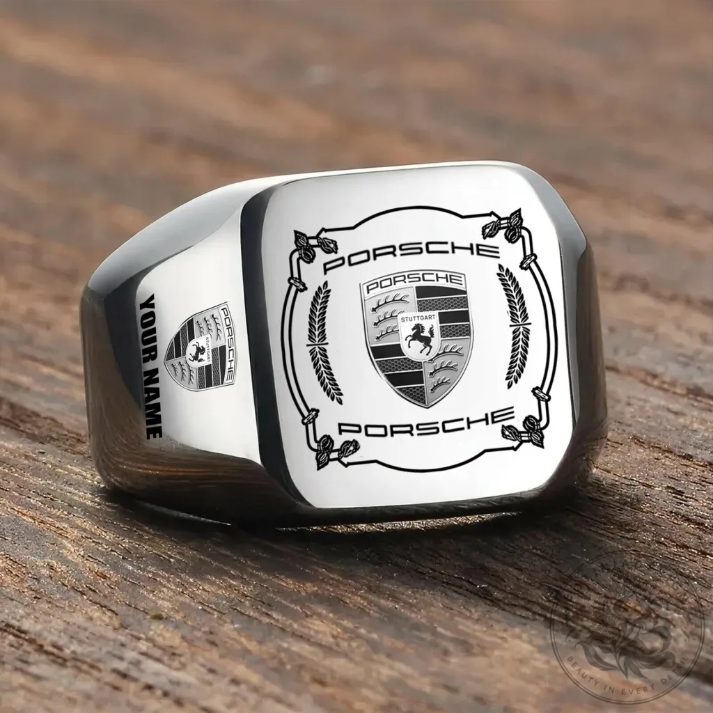 Porsche Stuttgart Crest Custom Engraved Silver Signet Ring Porsche Stuttgart Crest Custom Engraved Silver Signet Ring