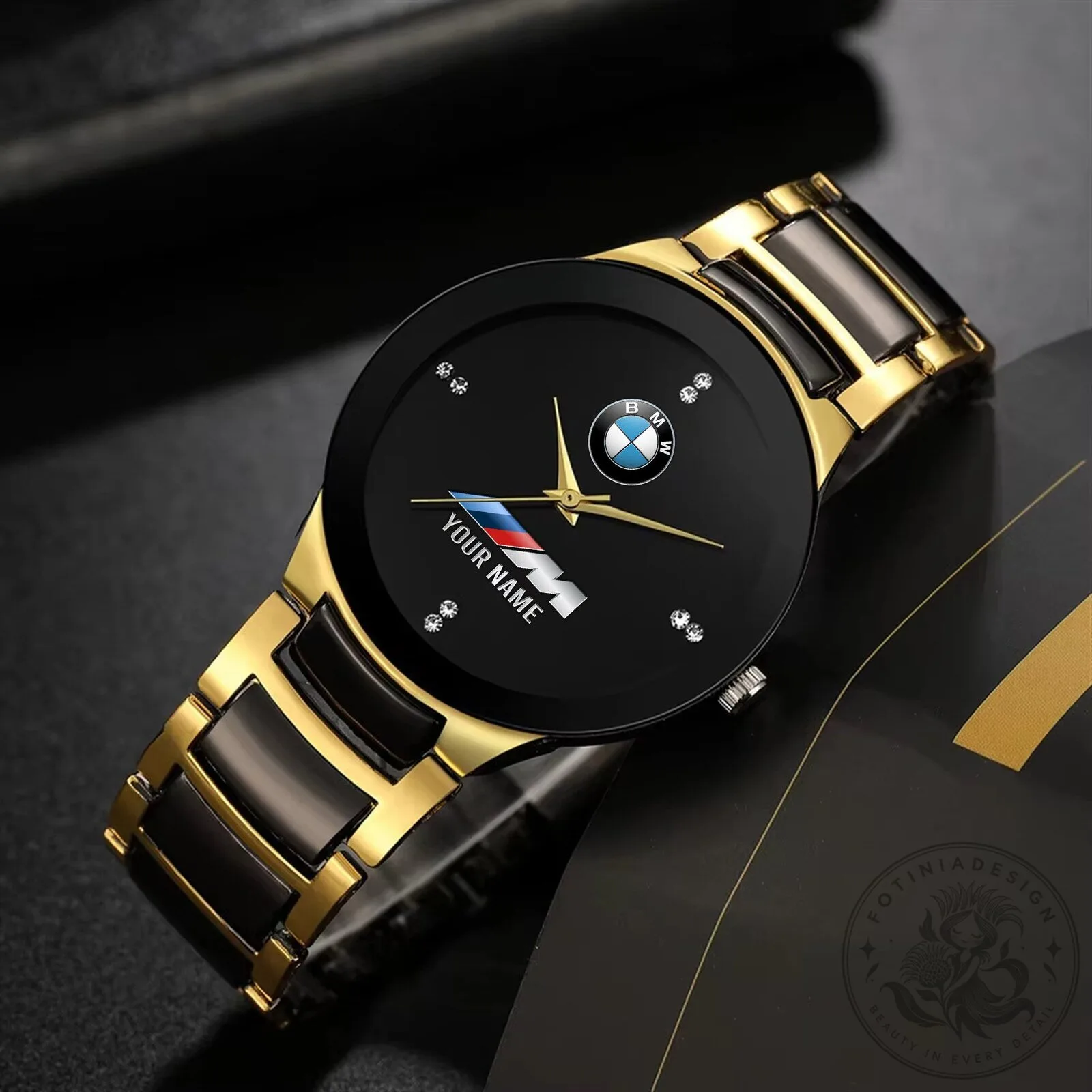 BMW Logo Personalized Gold and Black Quartz Wristwatch for Men